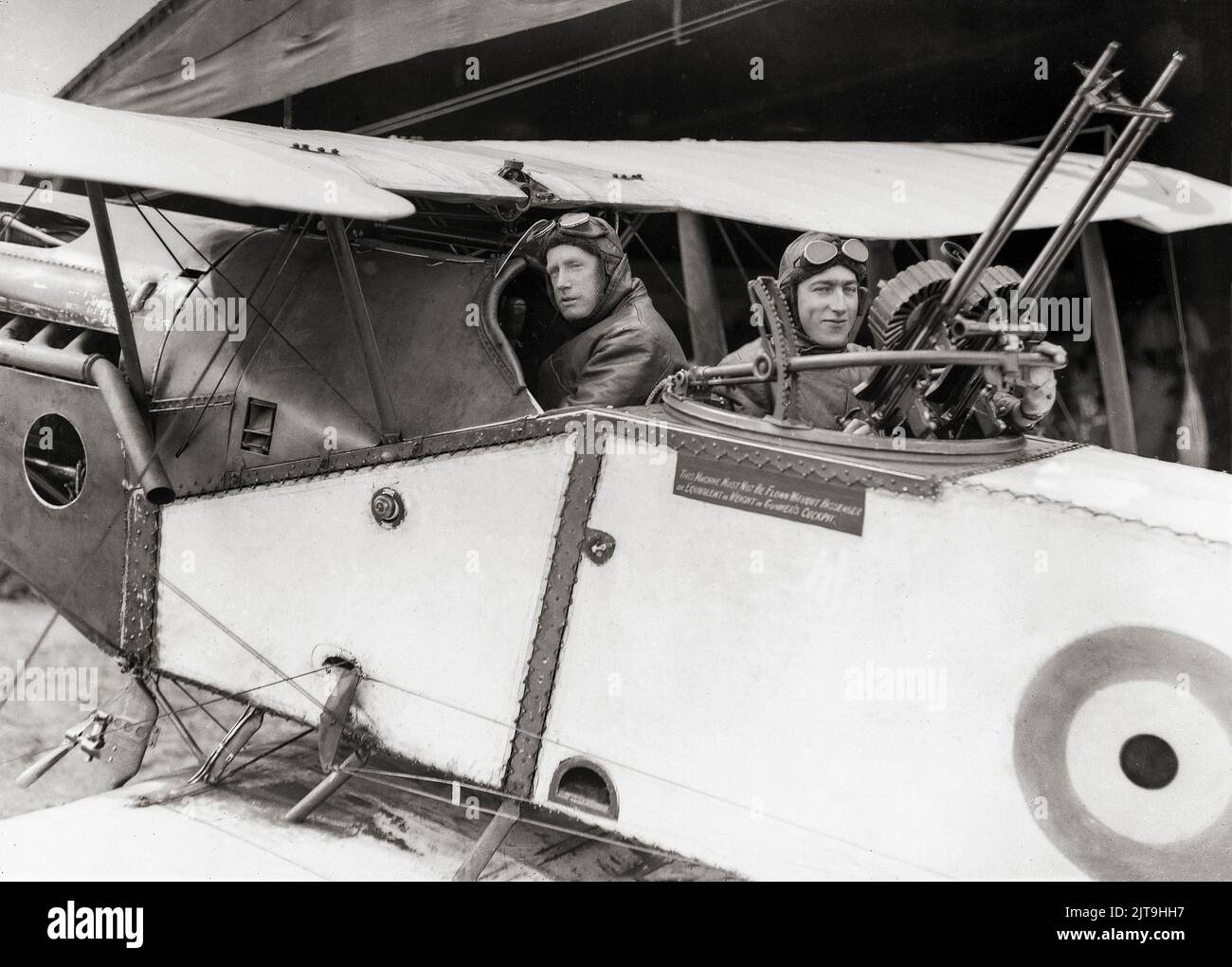 A Major Syd Addison and Lieutenant Hudson Fysh in a Bristol F.2B Fighter, a British First World War two-seat biplane fighter and reconnaissance aircraft often simply called the Bristol Fighter, or 'Biff'. The F.2B version proved to be a manoeuvrable aircraft that was able to hold its own against single-seat fighters while its robust design ensured that it remained in military service into the early 1930s. Stock Photo