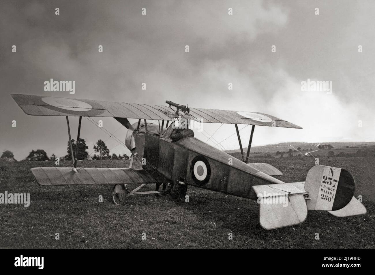 A Nieuport 10, a French First World War biplane that filled a wide variety of roles, including reconnaissance, fighter and trainer. In this form, the type was used as a fighter with a Lewis machine gun over the top wing. Rosnay, Marne on 21 Aug 1915. Stock Photo