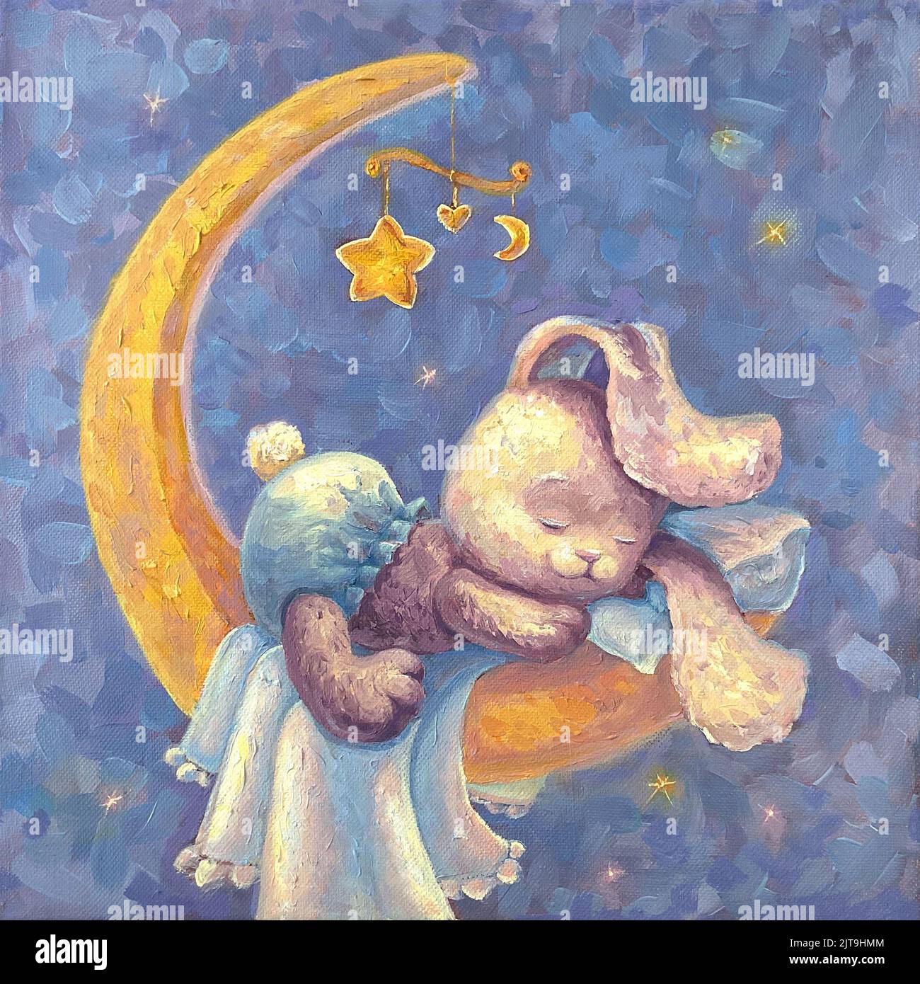 Baby bunny sleeps in a cradle on the moon, around the star. Artistic ...