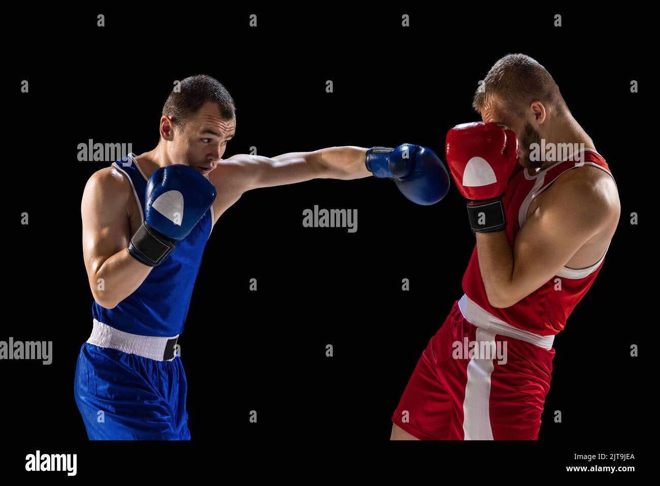 Young men, professional boxers in red and blue sports uniform boxing