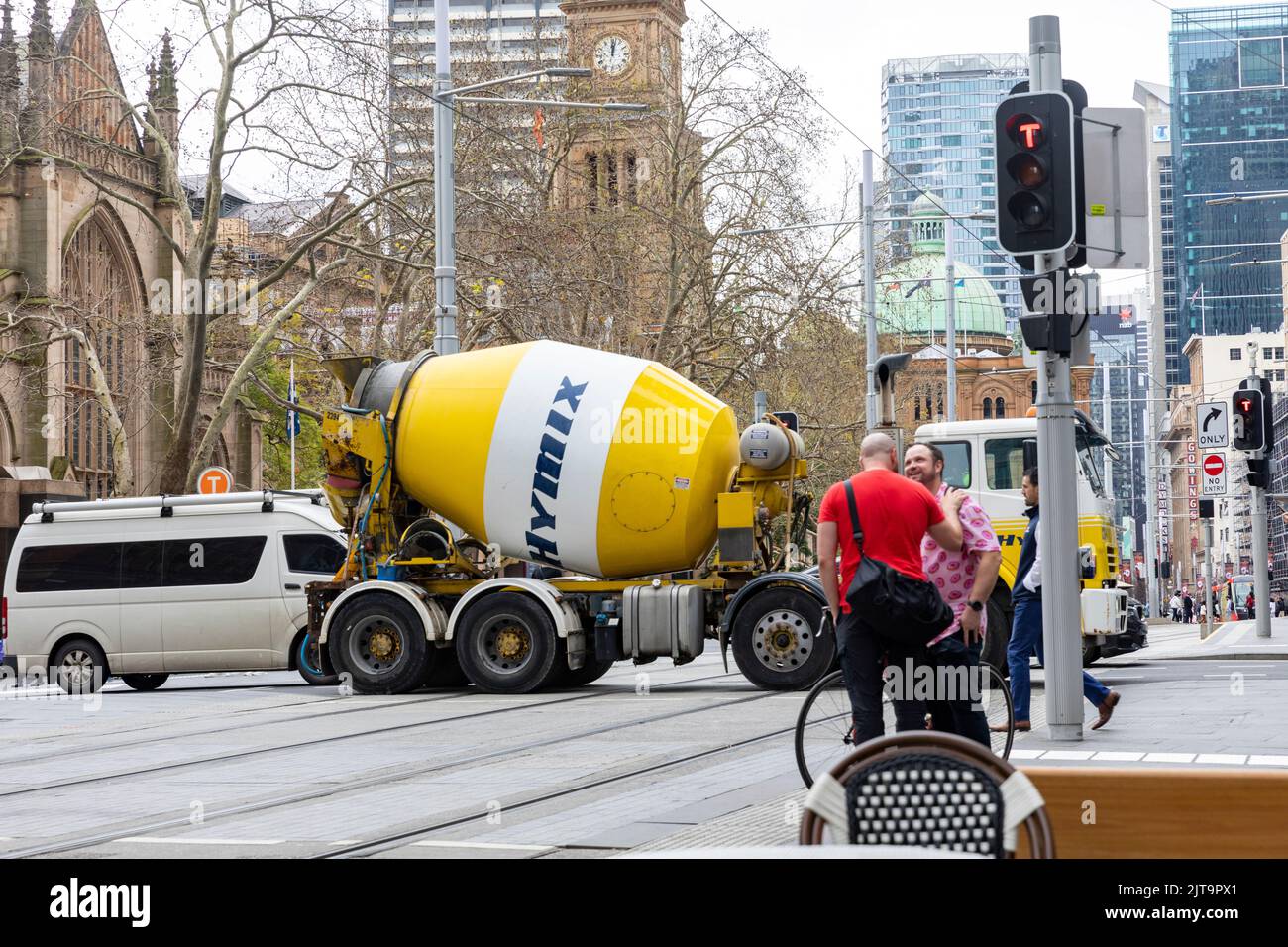 Hymix Ready Mix Concrete truck vehicle in Sydney city centre delivering