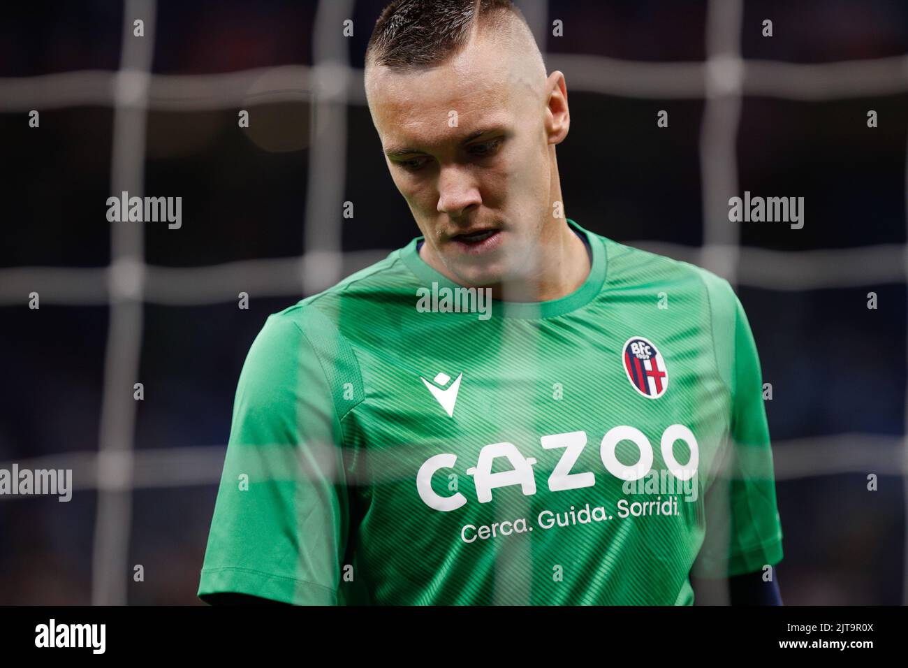 Milan, Italy. 27th Aug, 2022. Italy, Milan, aug 27 2022: Lucasz Skorupski (Bologna goalkeeper) during warm up about soccer game AC MILAN vs BOLOGNA, Serie A 2022-2023 day3 San Siro stadium (Photo by Fabrizio Andrea Bertani/Pacific Press/Sipa USA) Credit: Sipa USA/Alamy Live News Stock Photo