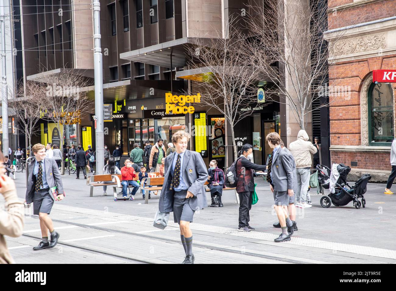 Private school male student schoolboys in uniform in Sydney city centre at lunchtime,NSW,Australia Stock Photo