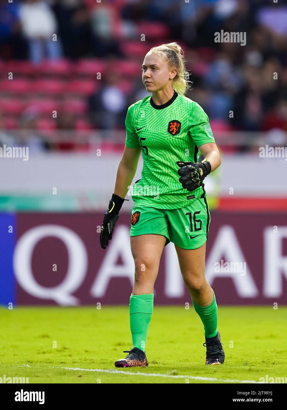 San Jose, Costa Rica. 28th Aug, 2022. San Jose, Costa Rica, August 28th 2022: Goalkeeper Lisan Alkemade (16 Netherlands) looks on during the FIFA U20 Womens World Cup Costa Rica 2022 football 3rd place match between Netherlands and Brazil at Estadio Nacional in San Jose, Costa Rica. (Daniela Porcelli/SPP) Credit: SPP Sport Press Photo. /Alamy Live News Stock Photo