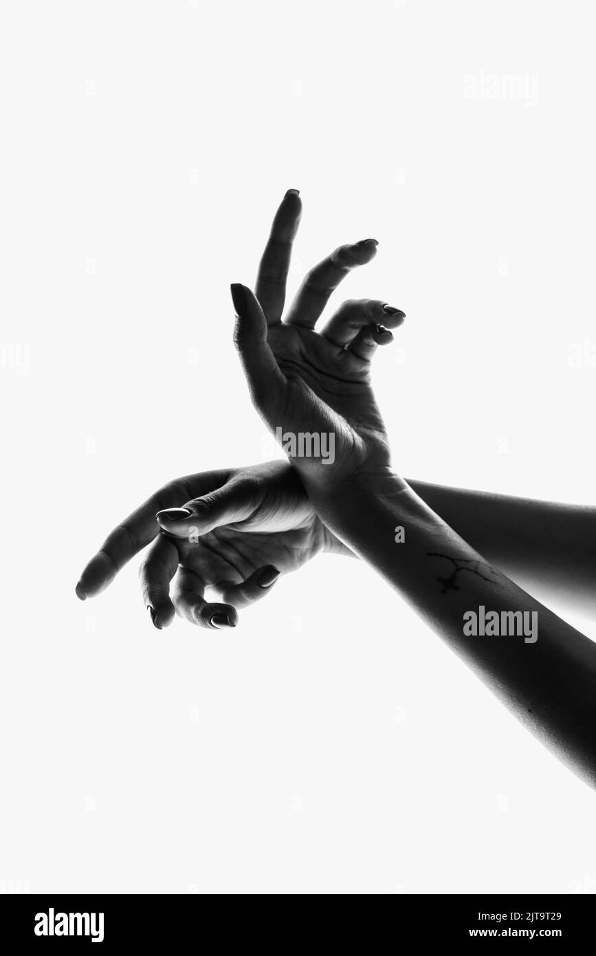 Beauty, grace. Monochrome image of beautiful hands in different motion isolated on white background. Concept of emotions, creativity, symbolism, art Stock Photo