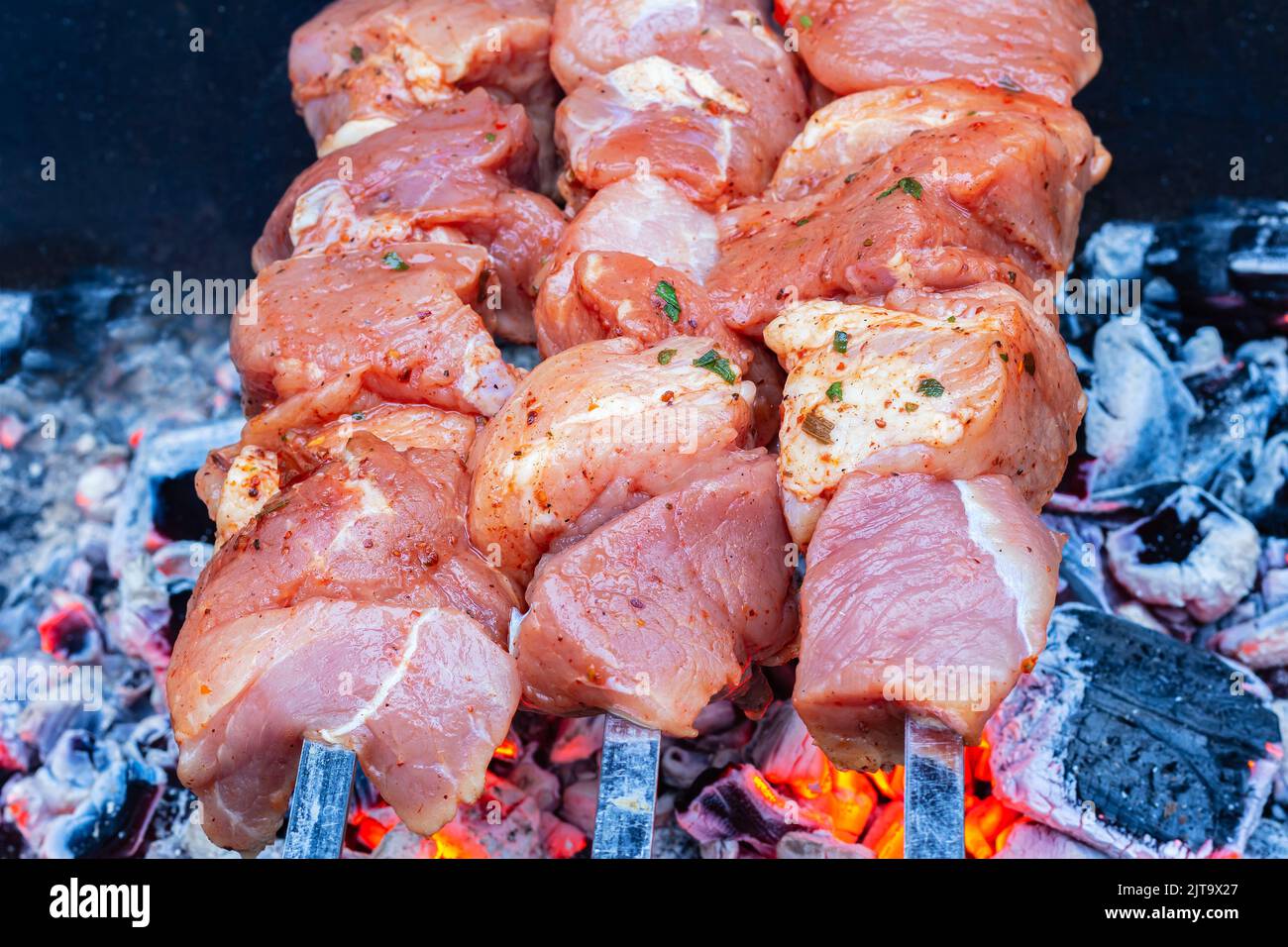 Roast Beef Kebabs On BBQ Grill. Selective focus on raw pork marinated
