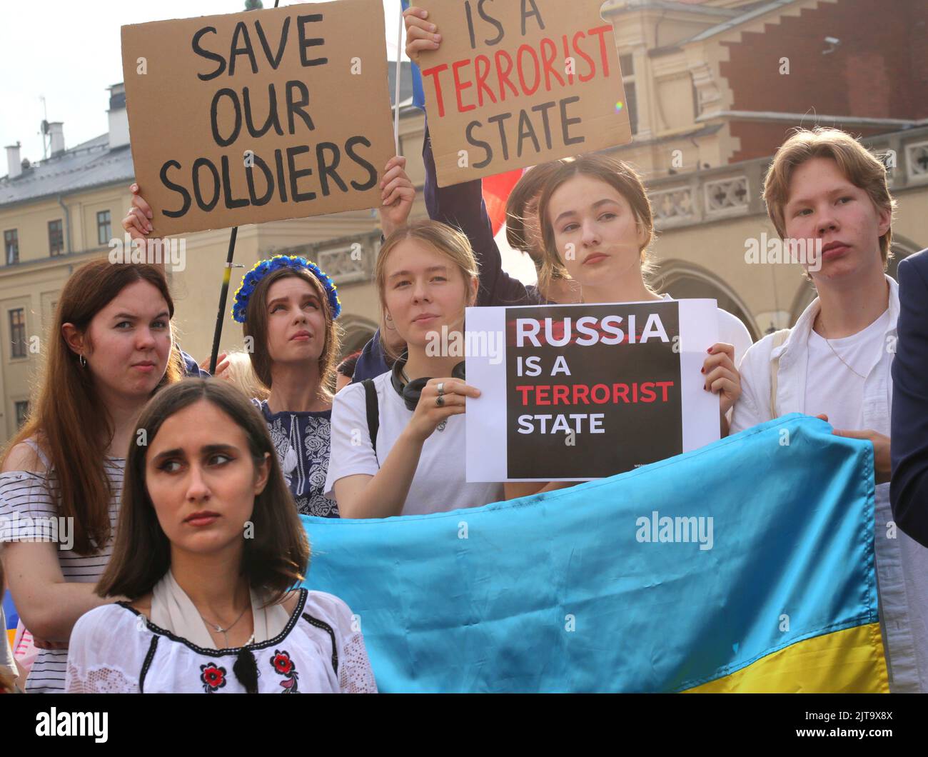 Cracow. Krakow. Poland. Ukrainian refugees celebrating Ukraine Independence Day at rally and parade. Stock Photo