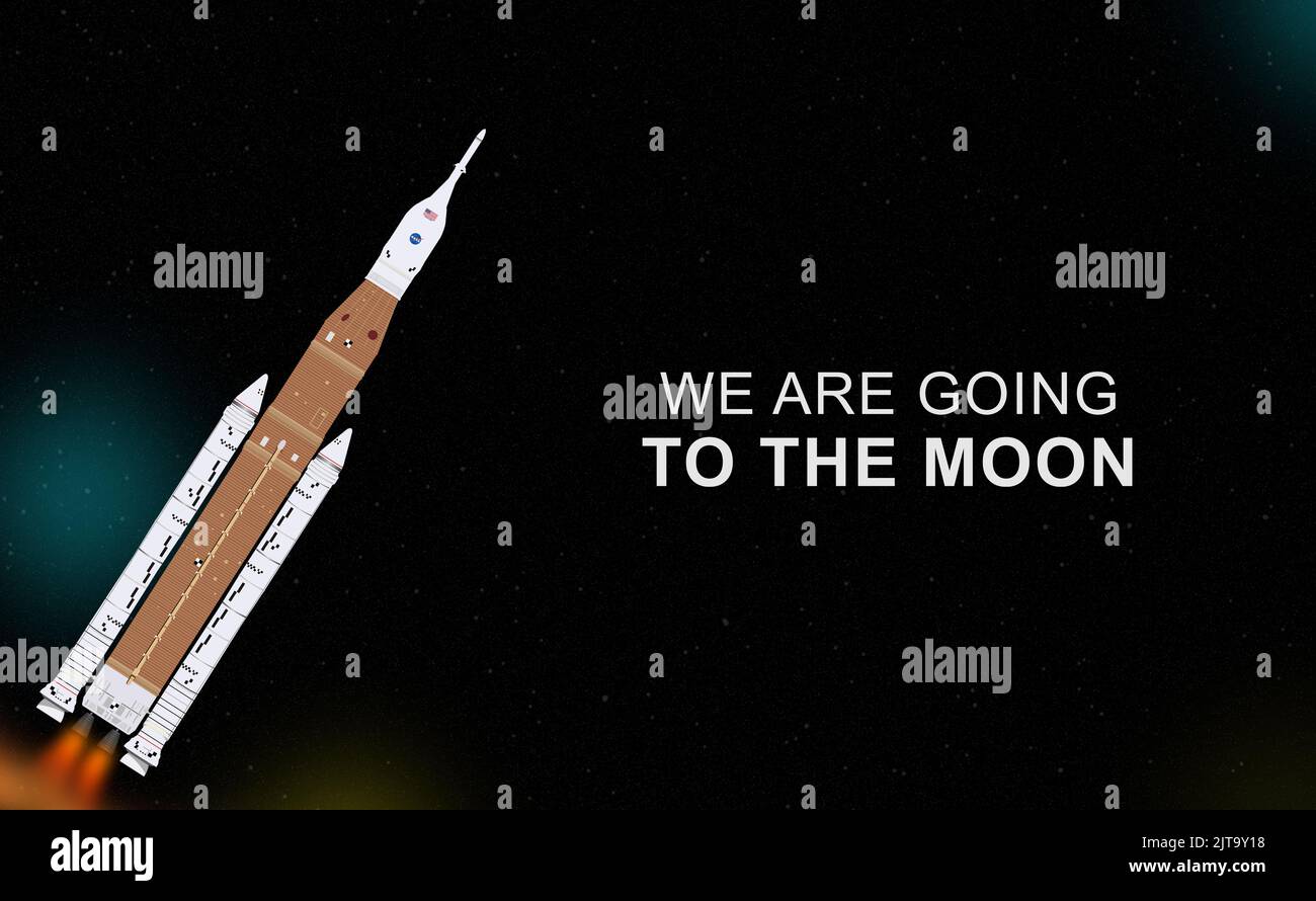 Moon rocket being launched to reach to moon with humans concept of