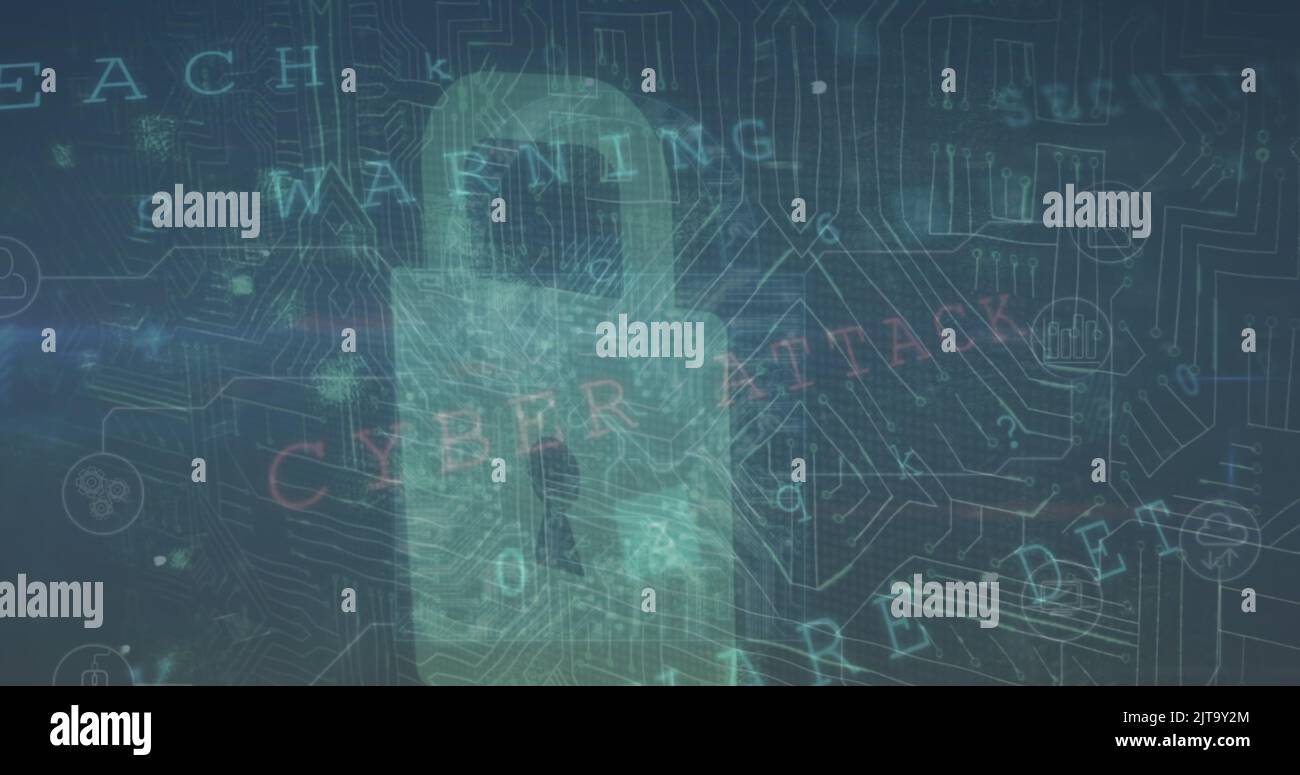 Image of data processing and padlock on blue background Stock Photo