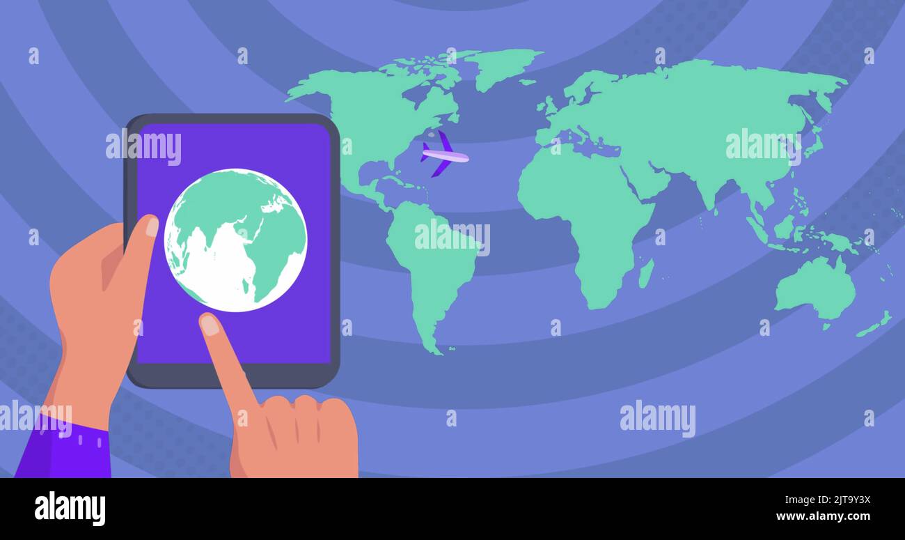 Using tablet digital world map - Image Of World Map Over Hands Using Tablet 2JT9Y3X