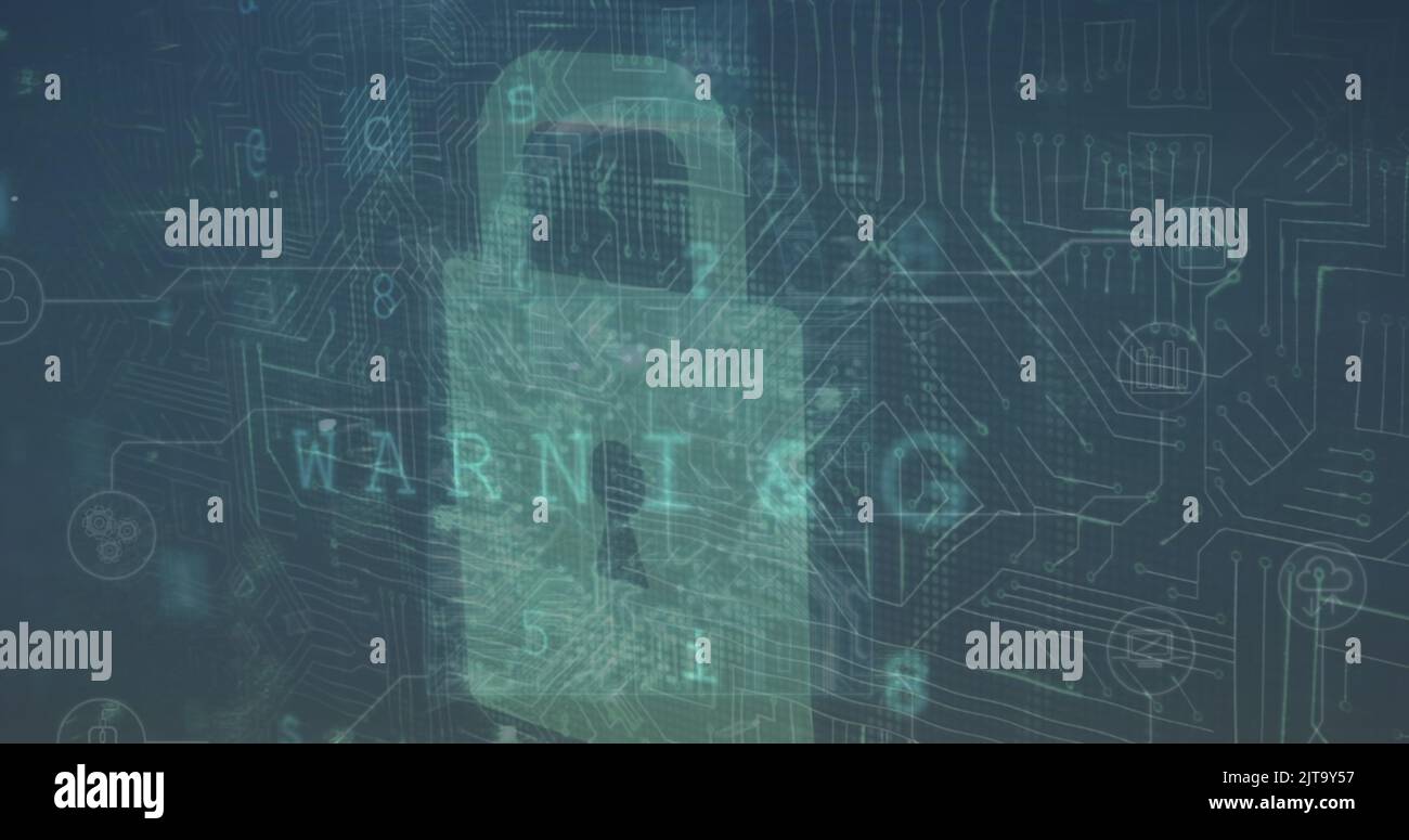Image of data processing and padlock on blue background Stock Photo