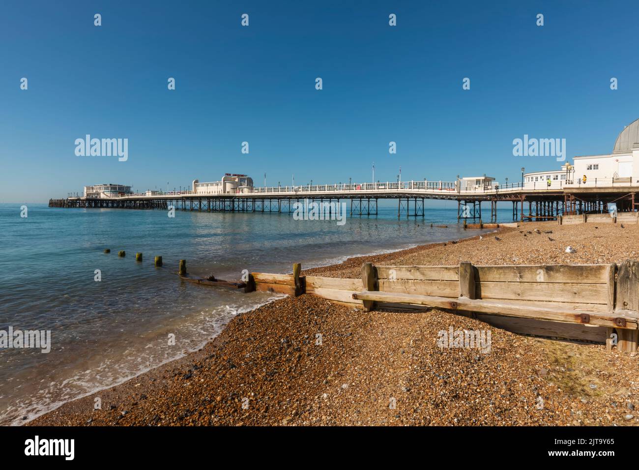 England, West Sussex, Worthing, Worthing Pier and Beach Stock Photo