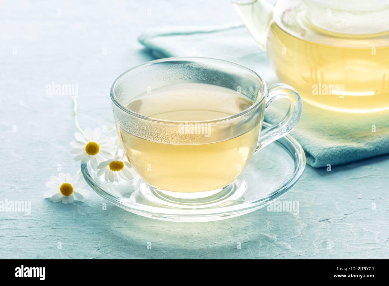 Chamomile tea. Camomile infusion in a cup with a tea pot, natural