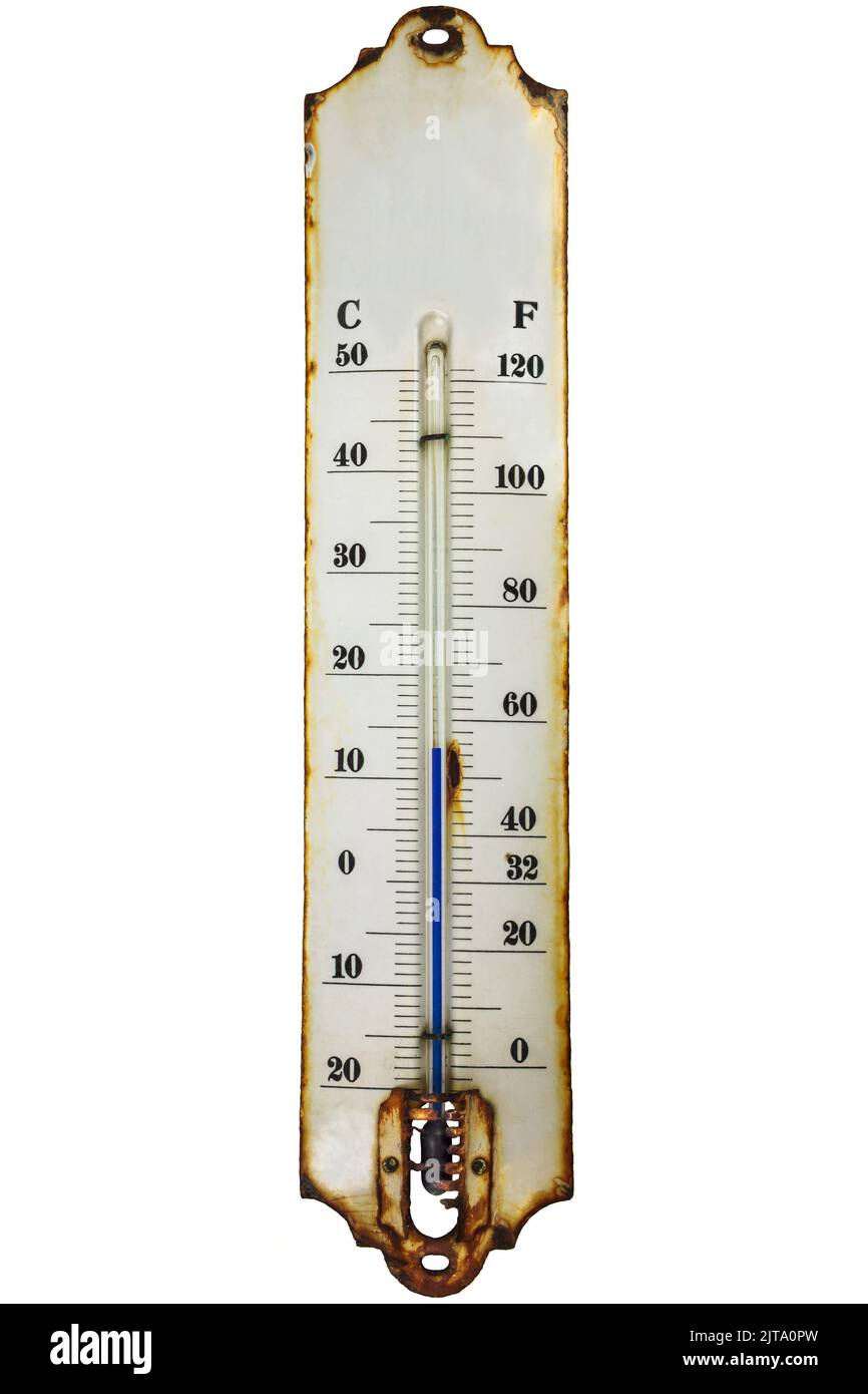 Antique rusty enamel thermometer with celsius and fahrenheit scale isolated on a white background Stock Photo