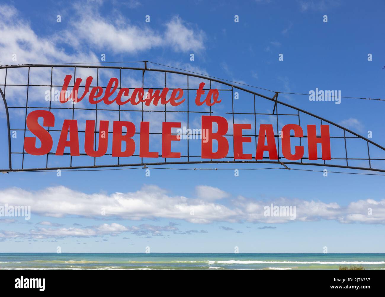 Welcome To Sauble Beach Sign At The Entrance To The Beach On Lake Huron Ontario Canada Stock Photo