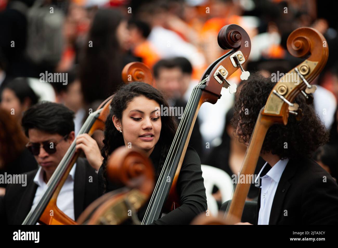 Deep Bass players during the world's largest concert for peace played by Bogota's Symphonic Orchrestra and children, in Bogota, Colombia on August 28, Stock Photo