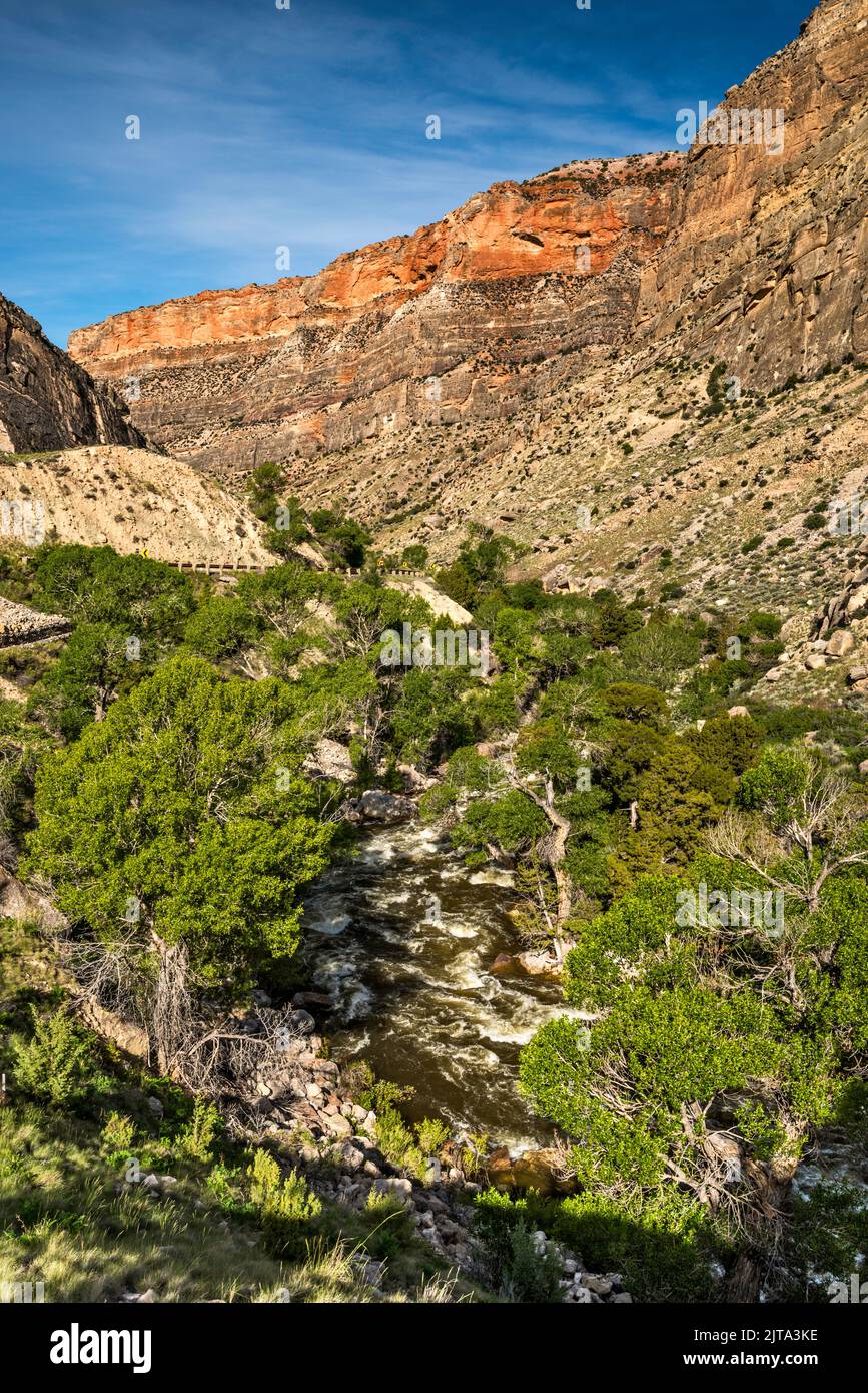 Cliffs over Shell Creek in Shell Canyon, Bighorn Scenic Byway (Highway US-14), near Post Creek picnic area, early morning, Bighorn Mtns, Wyoming, USA Stock Photo
