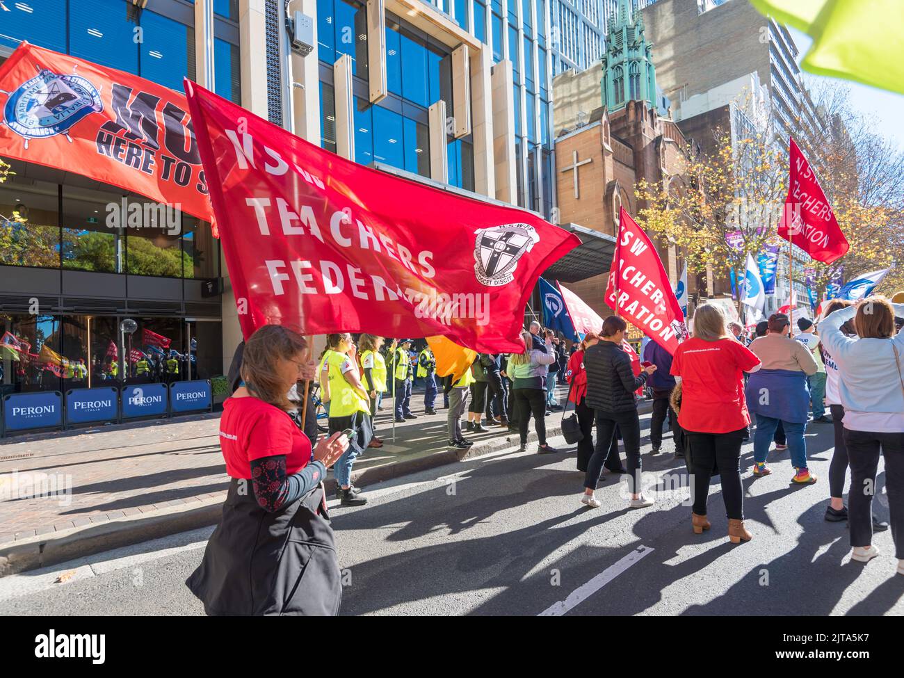 June 8th, 2022, Sydney, Australia: New South Wales Public Sector workers on a 24hr strike, marched on Parliament House in Macquarie Street, Sydney Stock Photo