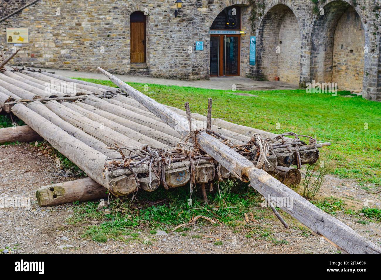 Old wooden raft. Medieval village of Ainsa, one of Spain´s most beautiful locations, Huesca Stock Photo