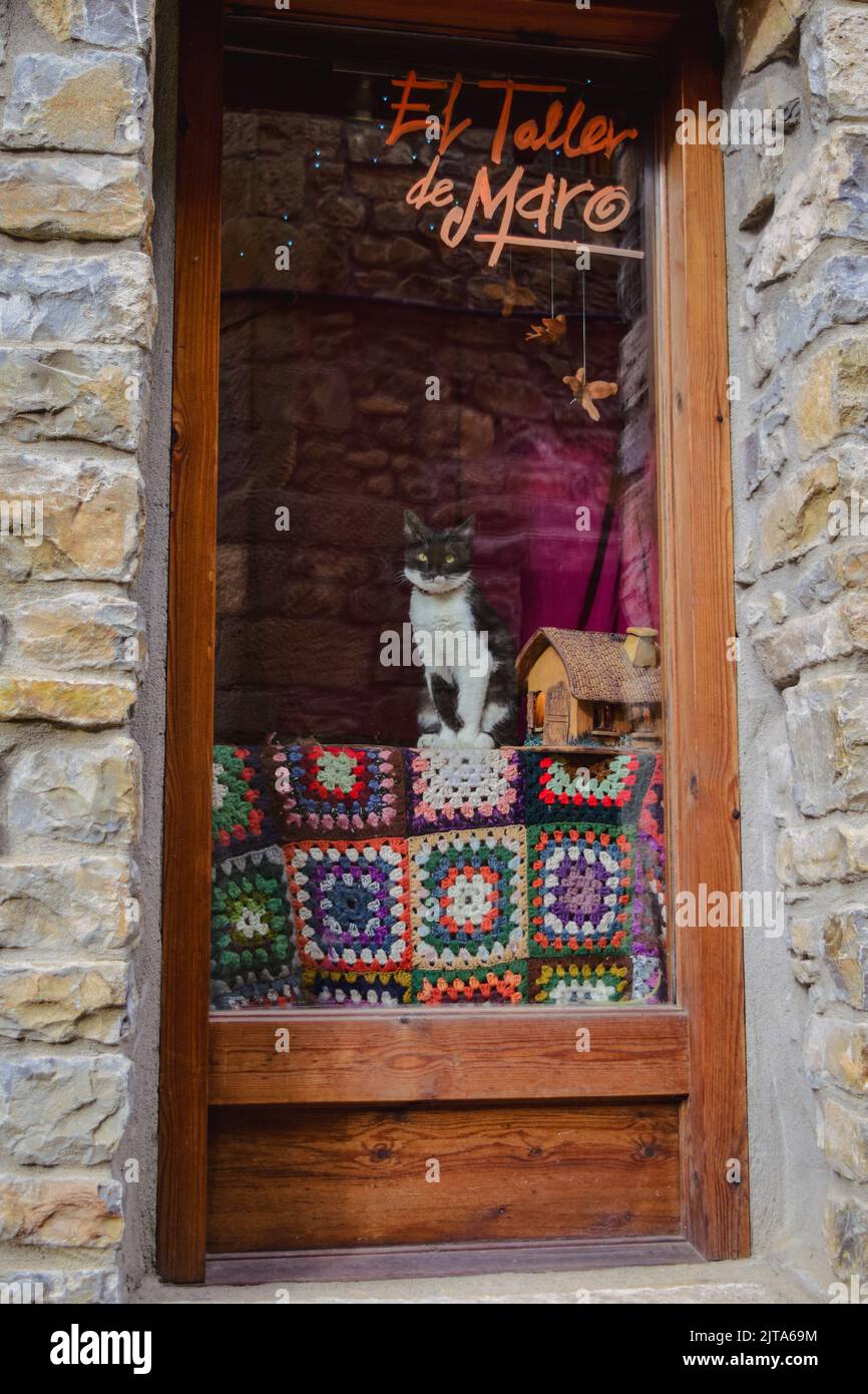 Can in window at El Taller de Maro craft store in medieval village of Ainsa, one of Spain´s most beautiful locations, Huesca Stock Photo