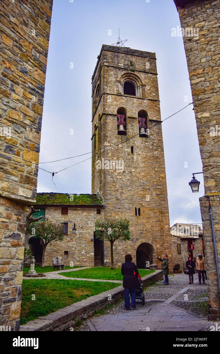 Church of Santa Maria. Medieval village of Ainsa, one of Spain´s most beautiful locations, Huesca Stock Photo