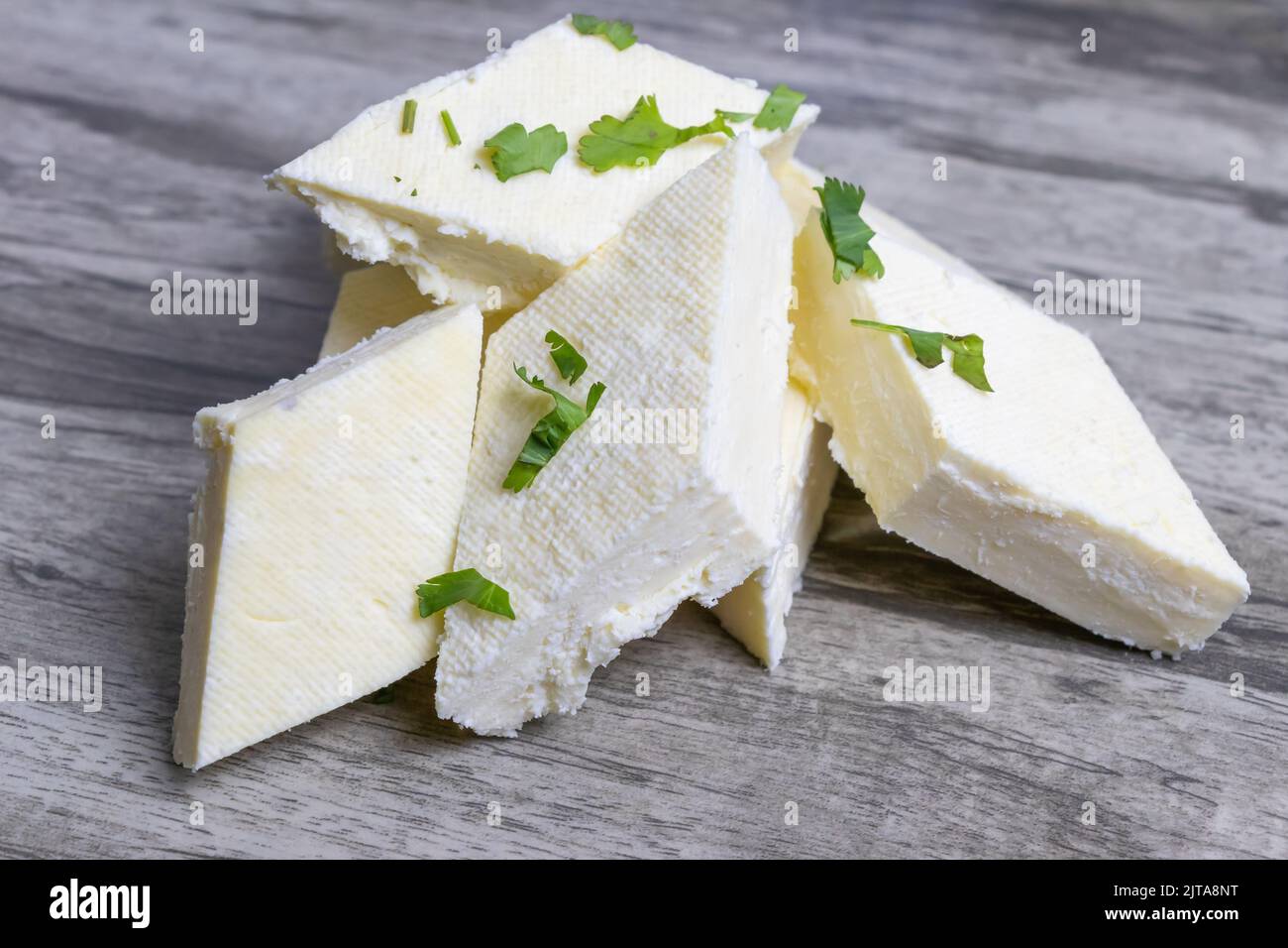 Homemade raw paneer made from cow milk with garneshing with fresh coriander leaf Stock Photo