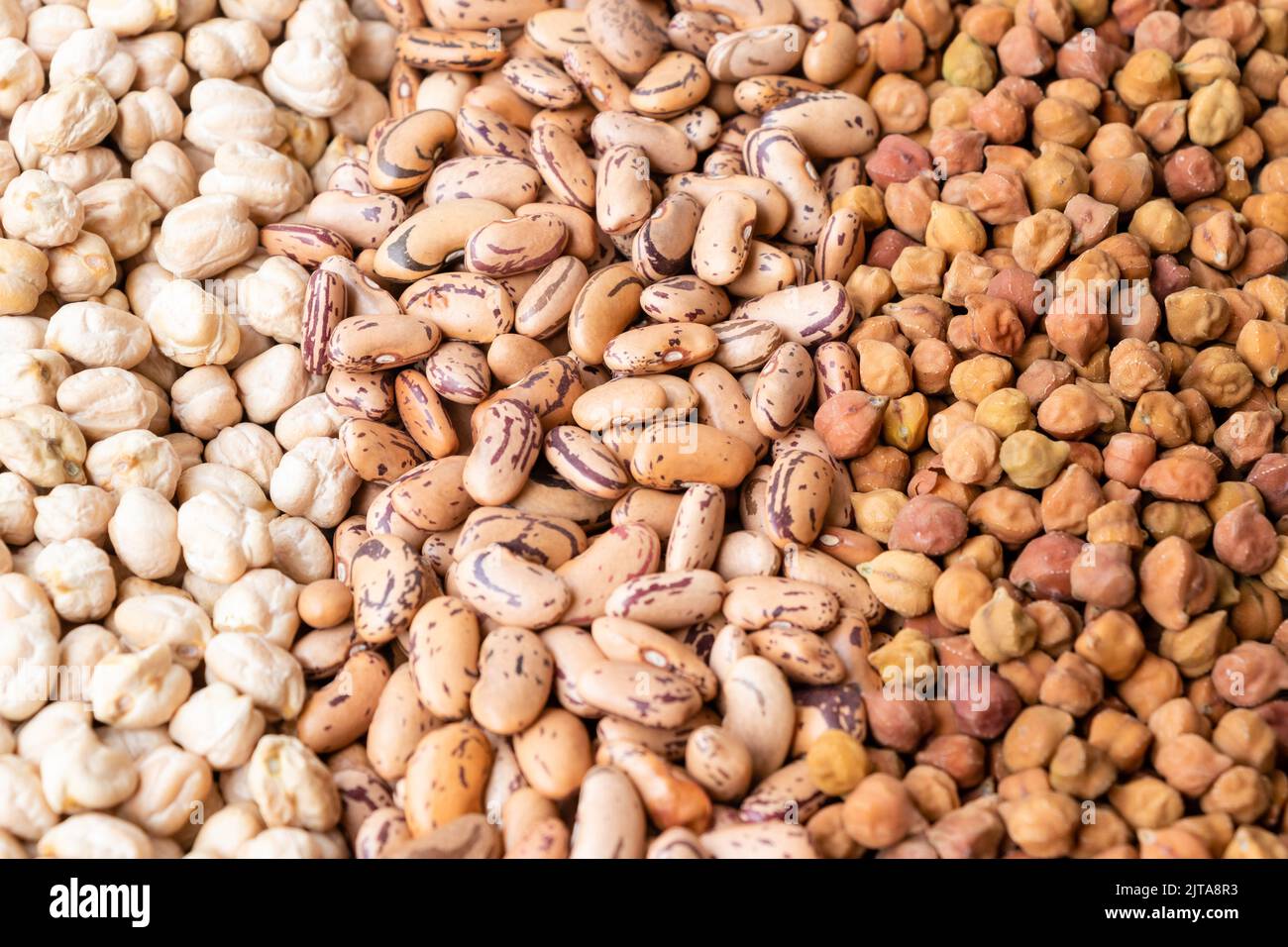 chickpeas (black chana), kidney bean (raj Maha) and white chickpeas (kabuli chana) set close up view Stock Photo