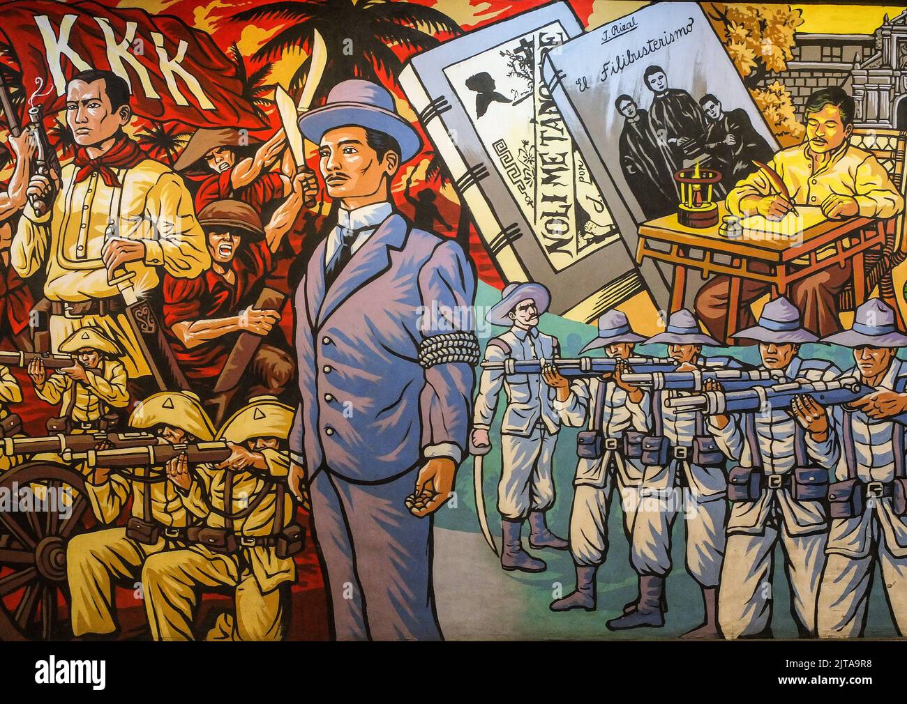 Manila, Philippines. 29th Aug, 2022. A mural depicts the execution of Filipino national hero Dr. Jose Rizal in Luneta. the armed struggle of the katipuneros led by Andres Bonifacio. As we commemorate The National Heroes Day in the Philippines, Let's look at the murals of the Manila City Hall Underpass showcasing the significant events and Philippine history, depicting the heroism of Filipinos. The murals were created by Marianne Rios, Jano Gonzales and Ianna Engano of the UP College of Fine Arts. (Photo by Josefiel Rivera/SOPA Images/Sipa USA) Credit: Sipa USA/Alamy Live News Stock Photo