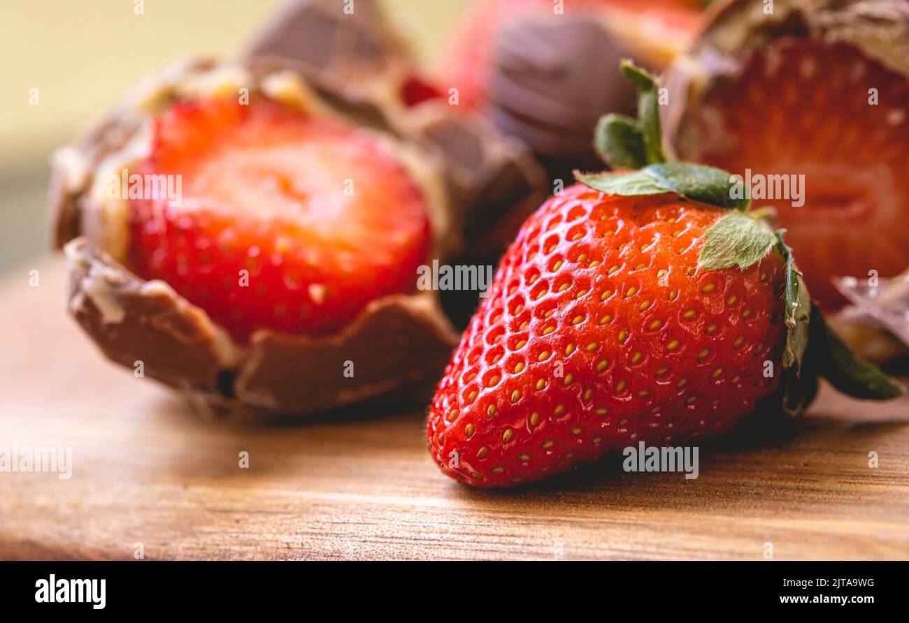 Strawberry bonbon in closeup photo. Brazilian sweet. Brazilian dessert with name in Brazilian