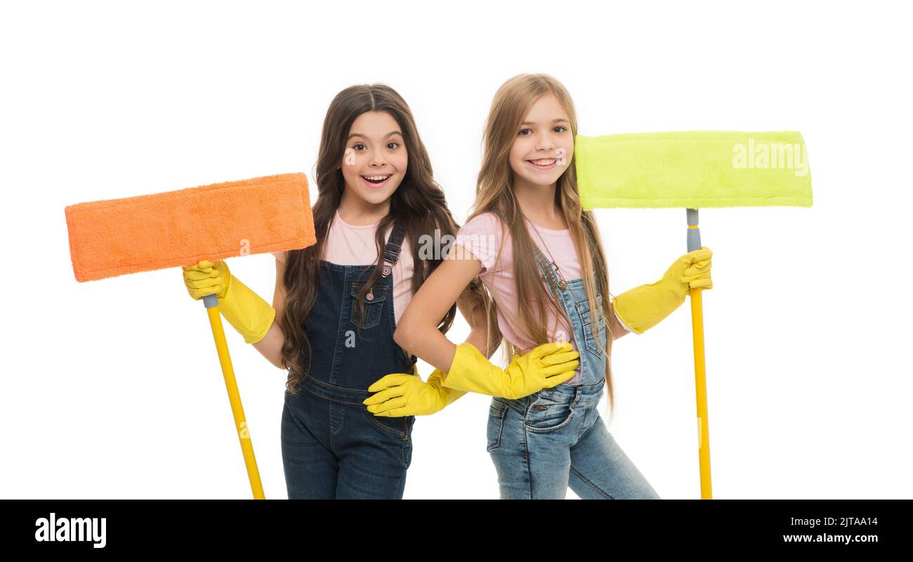 Household duties. Sisters little helpers. Girls cute kids cleaning