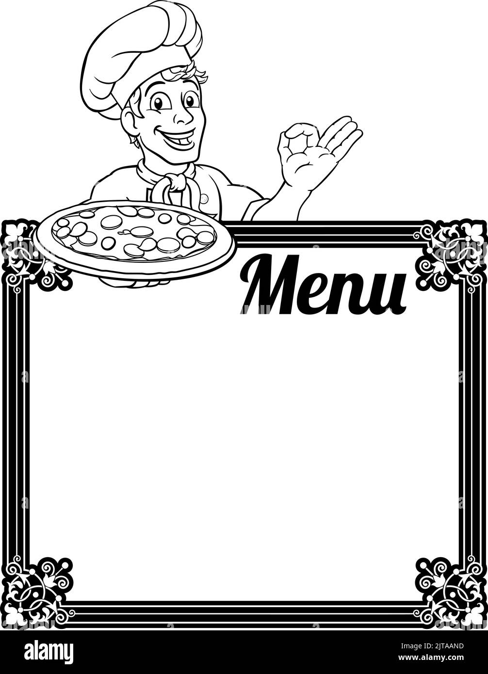 Pizza Chef Cook Cartoon Man Menu Sign Background Stock Vector