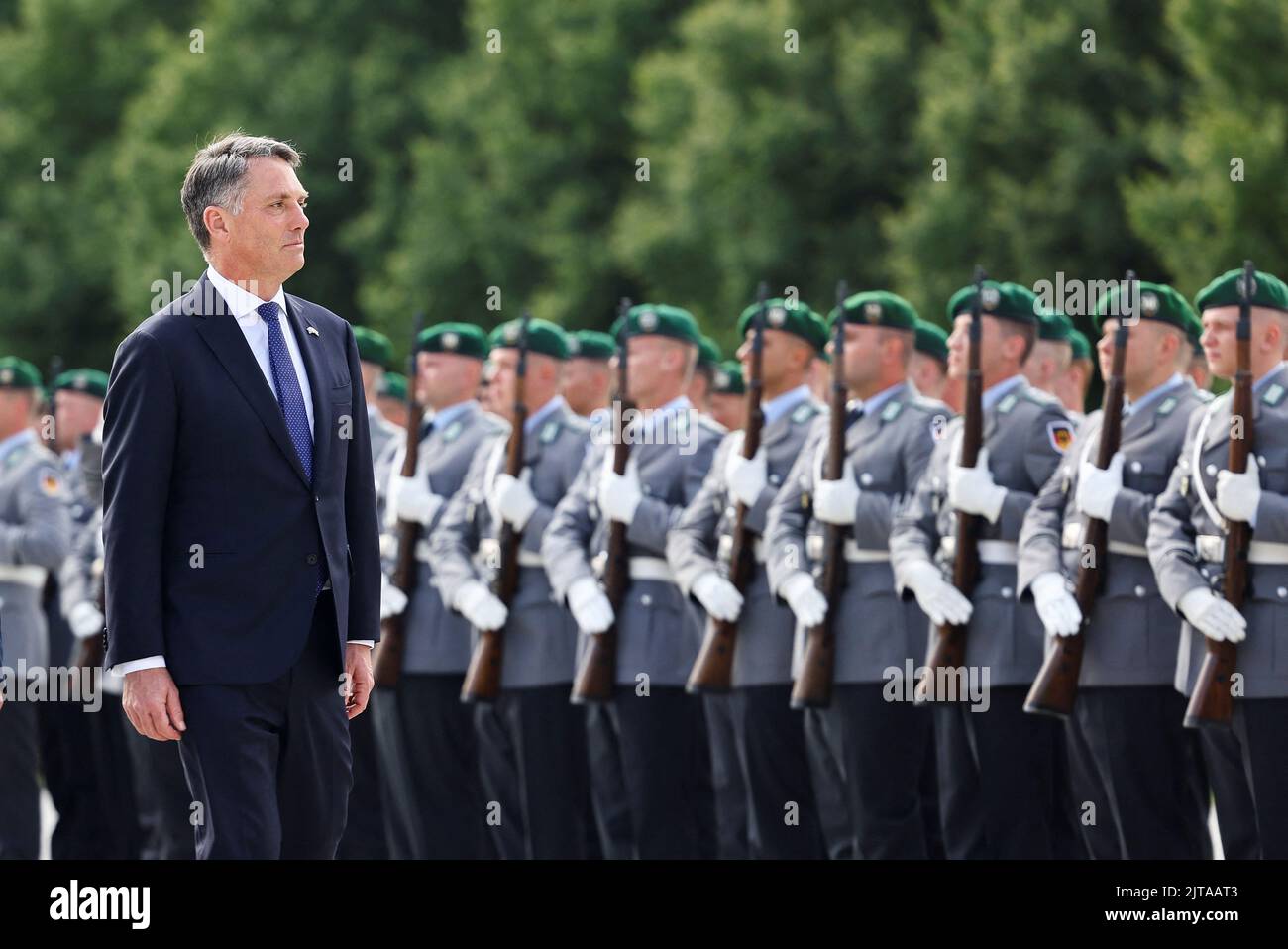 Australian Defence Minister Richard Marles reviews the honour guard in Berlin, Germany August 29, 2022. REUTERS/Lisi Niesner Stock Photo
