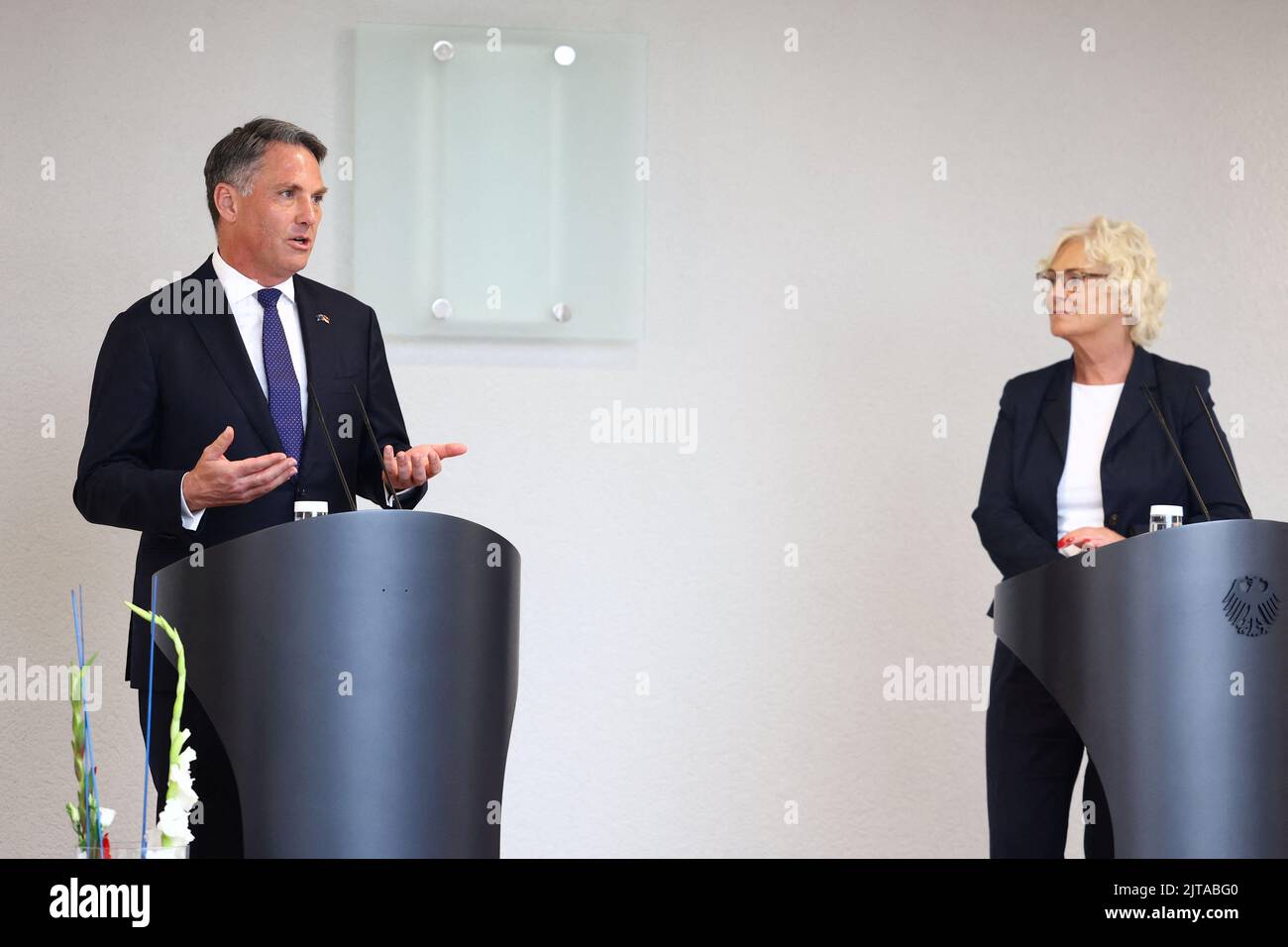 German Defence Minister Christine Lambrecht and Australian Defence Minister Richard Marles attend a news conference in Berlin, Germany August 29, 2022. REUTERS/Lisi Niesner Stock Photo