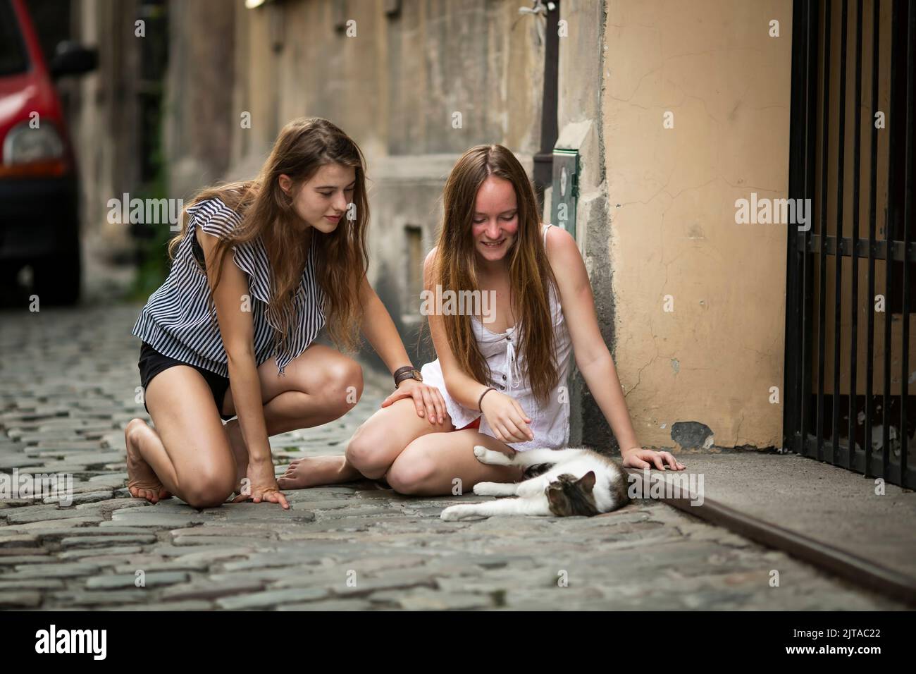 Two pretty girls playing with a cat in the street of the old town. Stock Photo