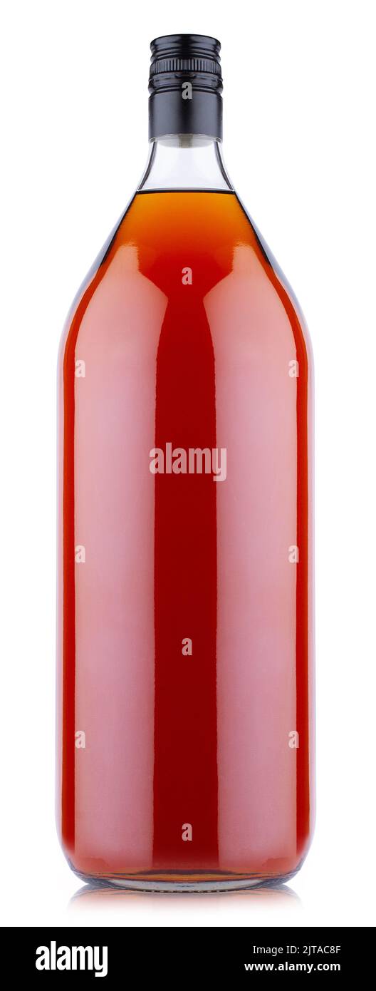 front view closeup of oversized two liter brandy cognac large bottle with no label and black pilfer cap isolated on white background Stock Photo