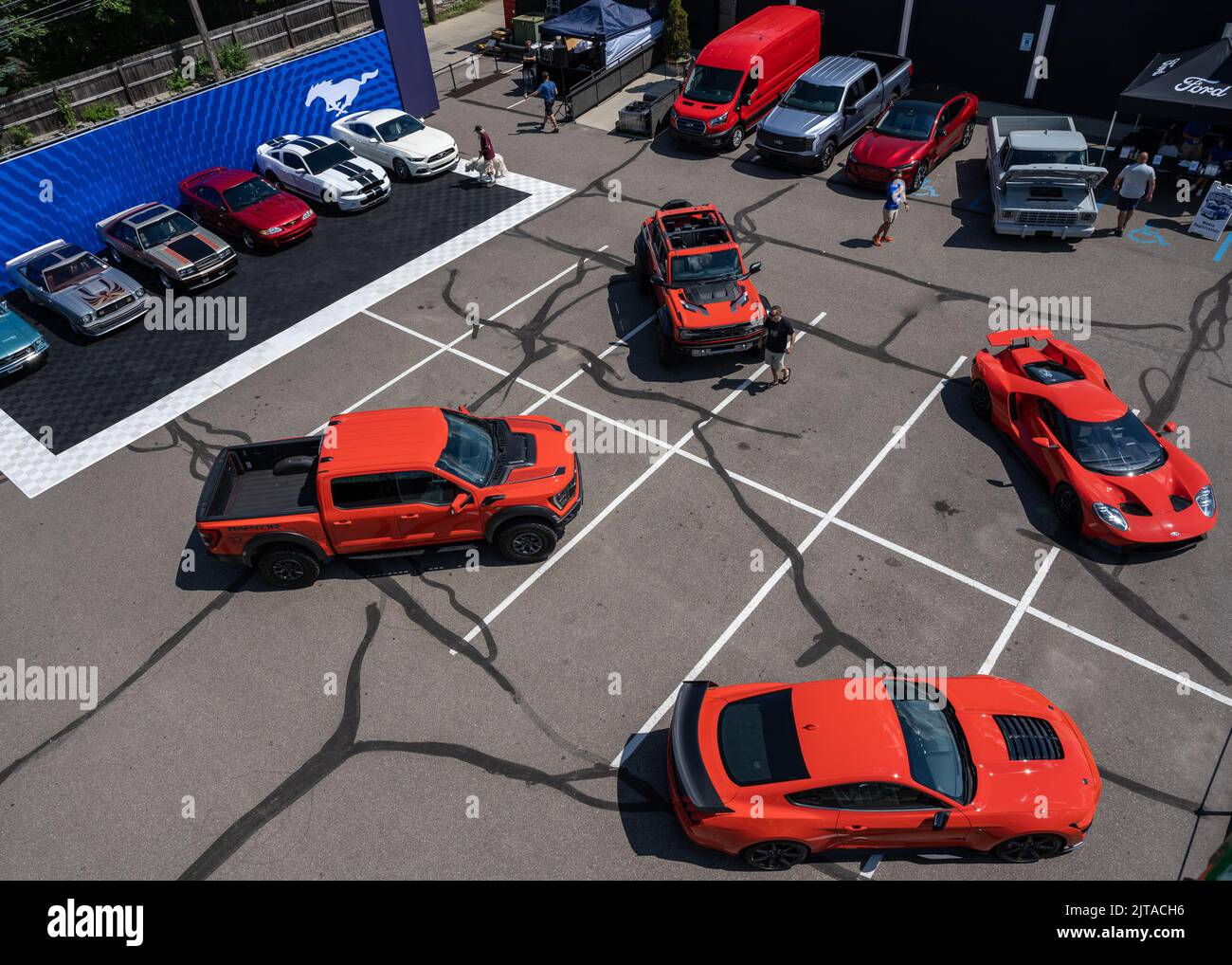 ROYAL OAK, MI/USA - AUGUST 19, 2022: Aerial view of the Ford exhibit (F-150, Bronco, GT, Mustang) on the Woodward Dream Cruise route. Stock Photo