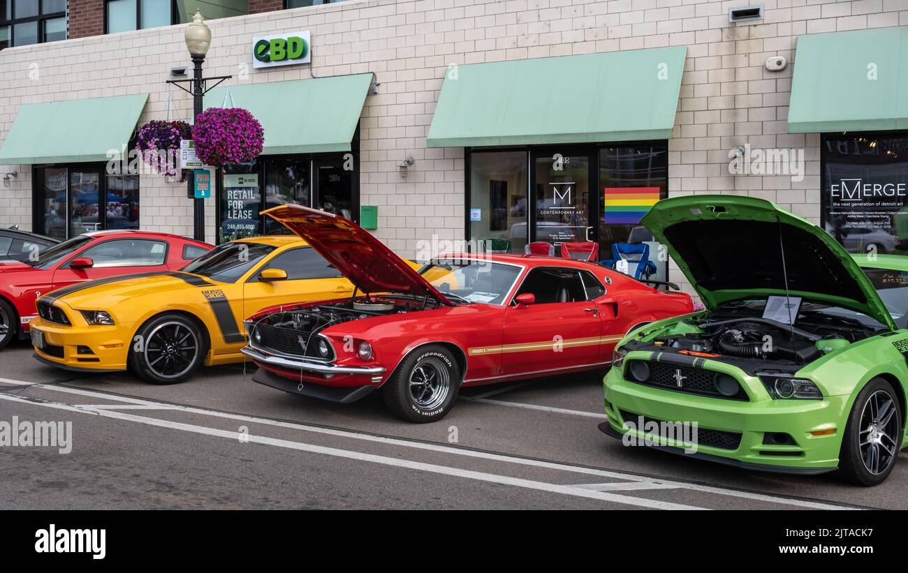 FERNDALE, MI/USA AUGUST 20, 2022 Four Ford Mustangs (Boss, Mach 1