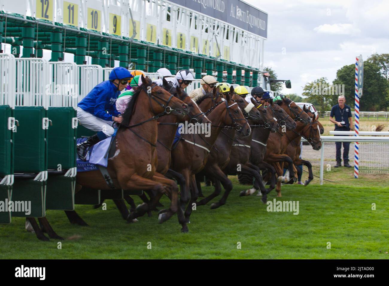 Jockeys and their horses leaving the starting gates during the Al Basti Equiworld Dubai Gimcrack Stakes as part of the Ebor Festival at York Races. Wi Stock Photo