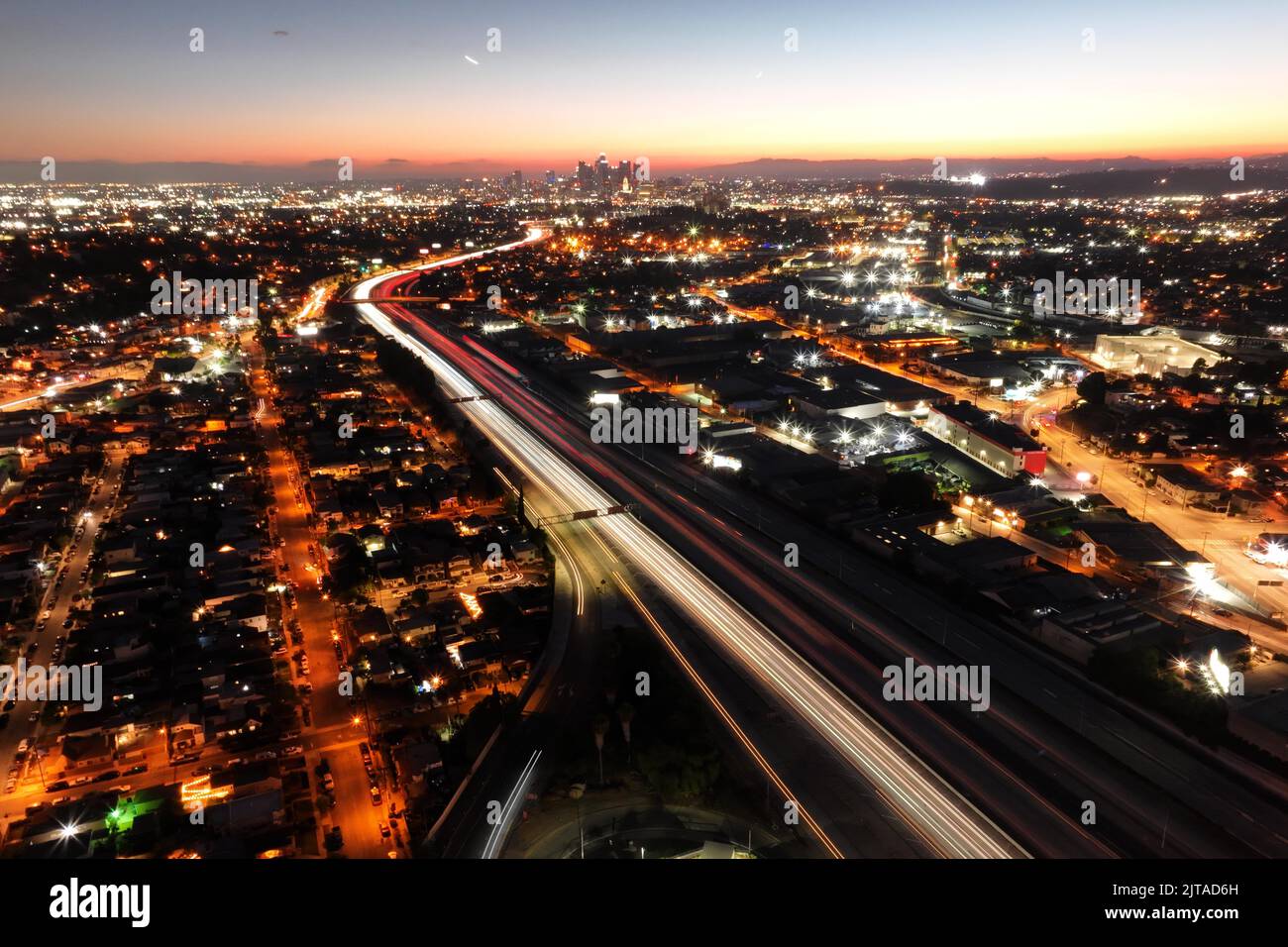 A general overall view of the downtown Los Angeles skyline and Interstate 10 freeway, Sunday, Aug. 28, 2022.  (Photo by Image of Sport/Sipa USA) Stock Photo