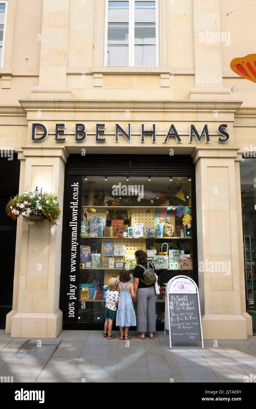 The now closed Debenhams department store surrounding the My Small World toy shop in St Lawrence Street, Bath Stock Photo