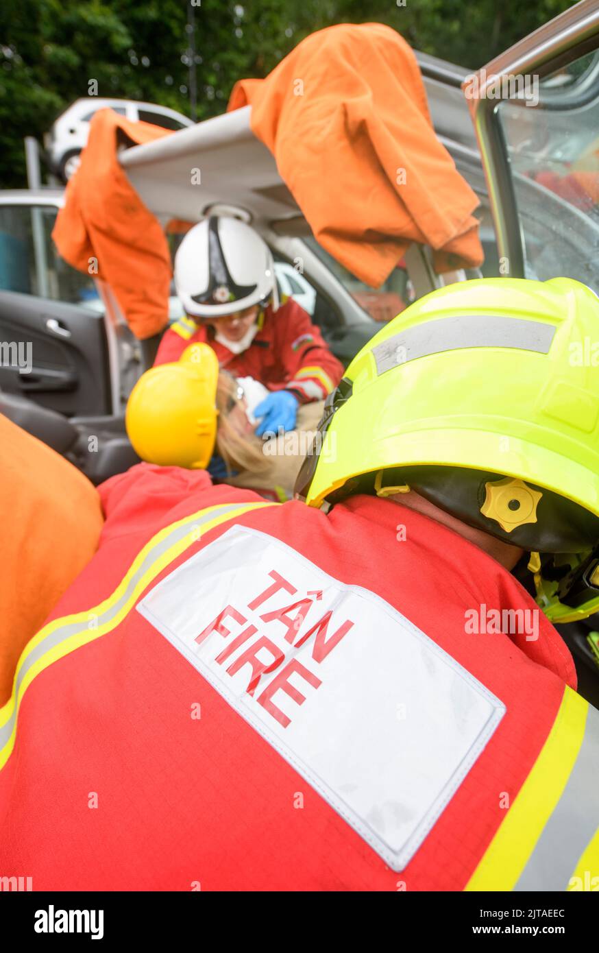 Firefighters use specialist equipment to practice extracting a stand in driver wearing sensors at Cardiff Gate Training Centre. Stock Photo