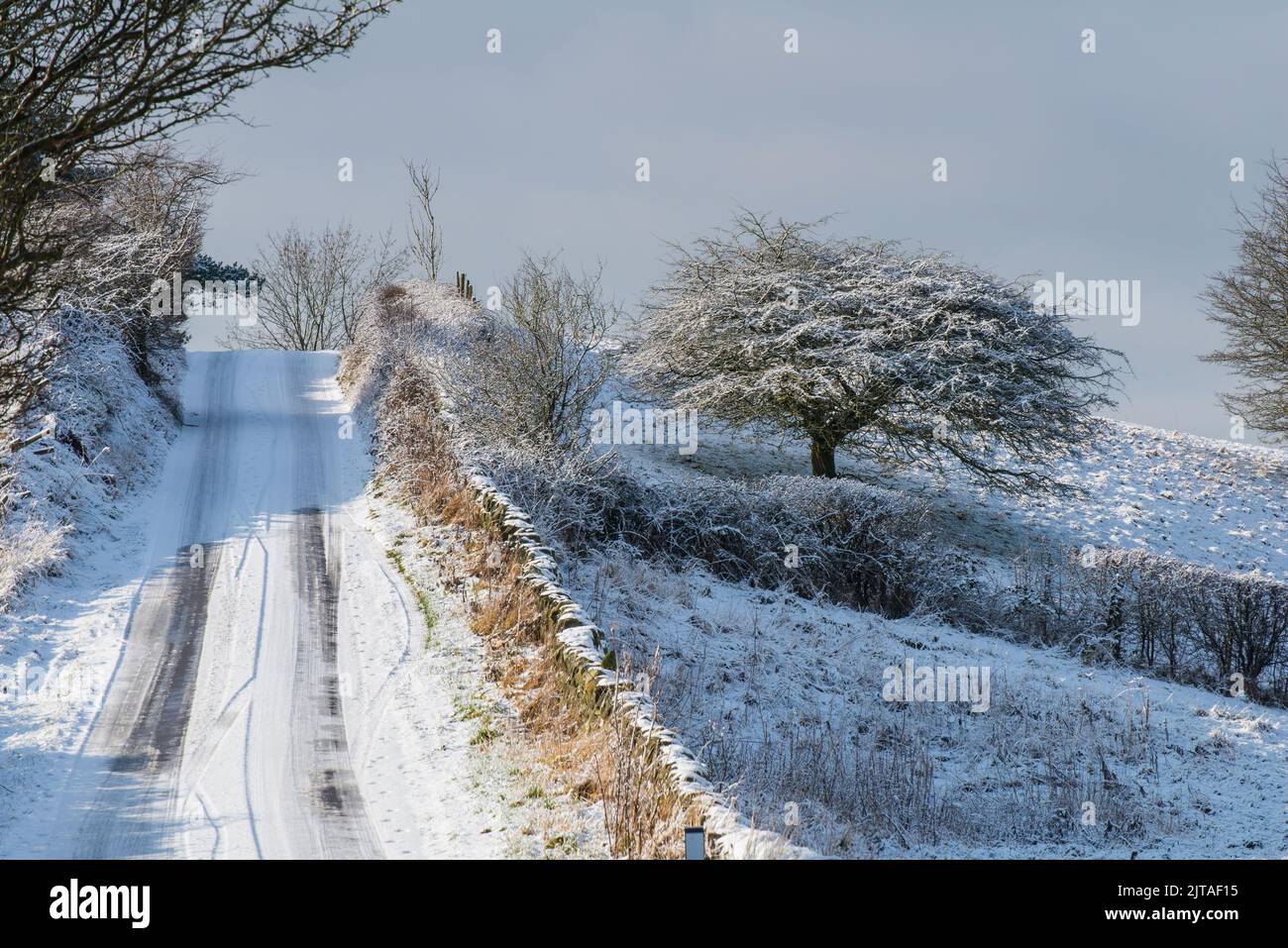 A snowy country lane near the village of Tansley, Derbyshire, England Stock Photo