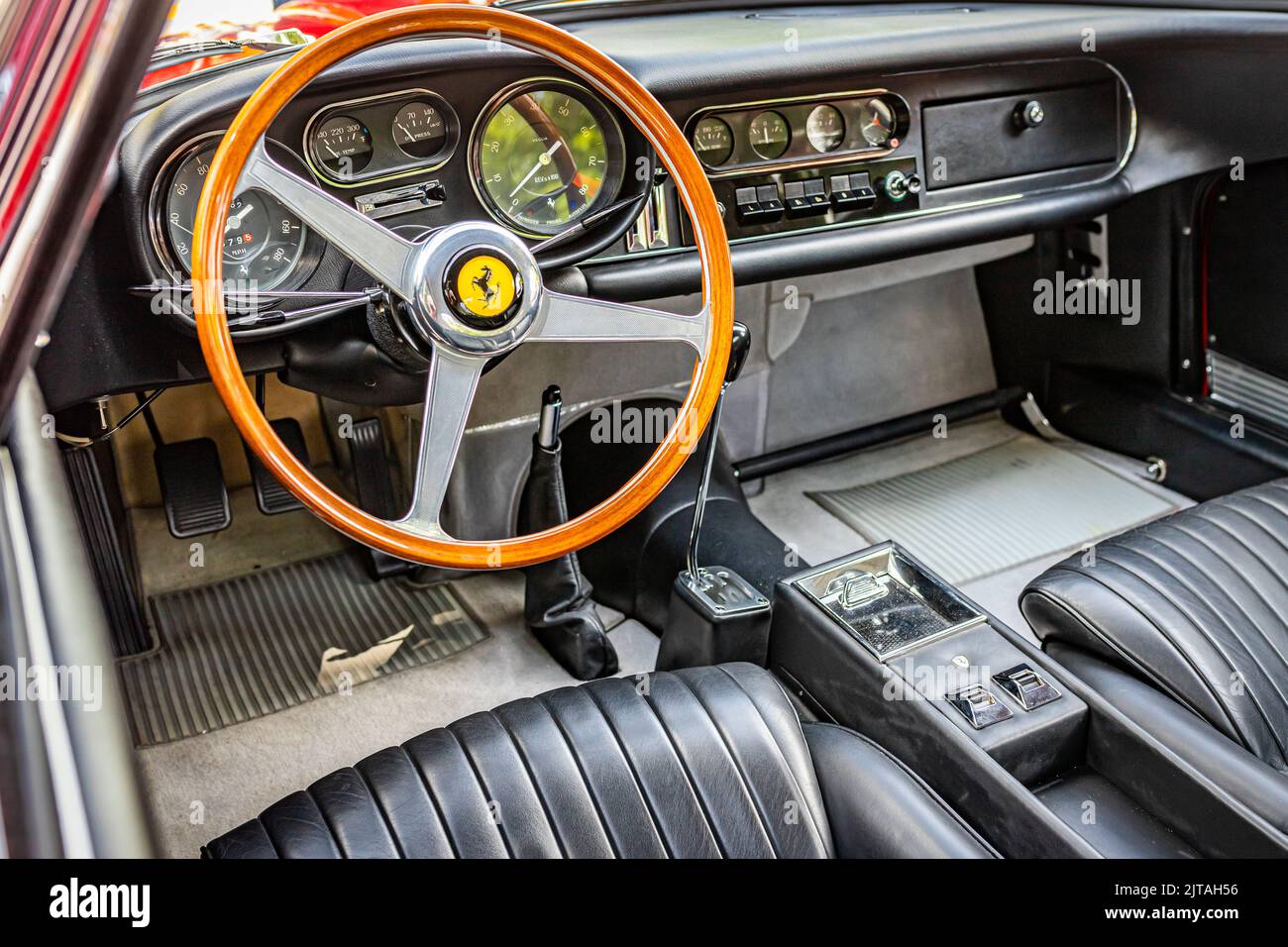 Highlands, NC June 11, 2022 Close up detail interior view of a 1967 Ferrari 275 GTB/4 Coupe