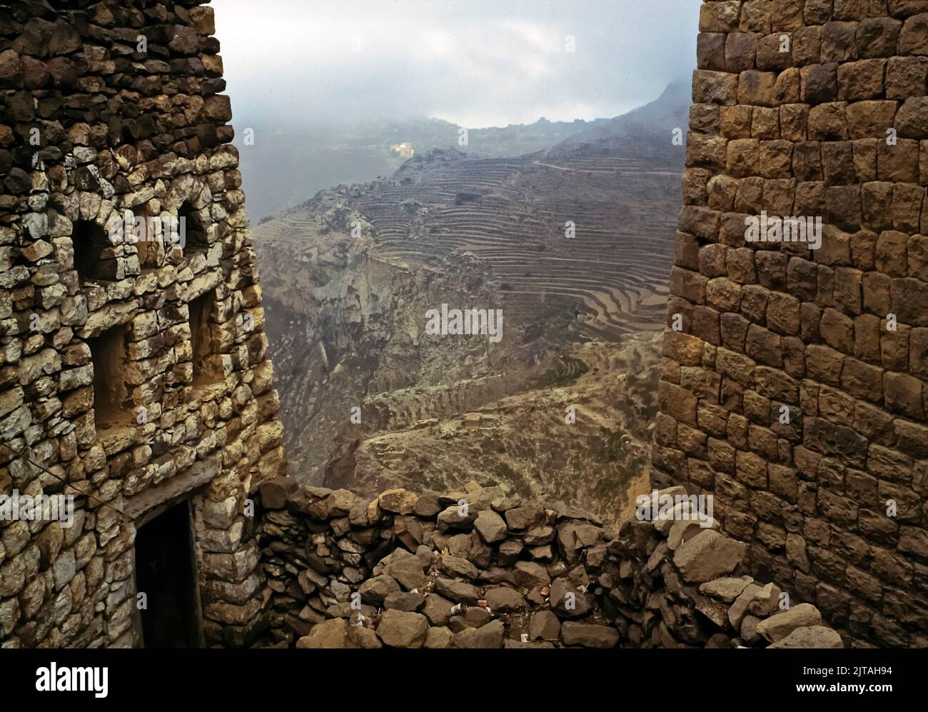 The town of al-Hajjarah is located in the Haraz Mountains of Yemen. Hajjarah was originally constructed as a safe house for dignitaries. Stock Photo