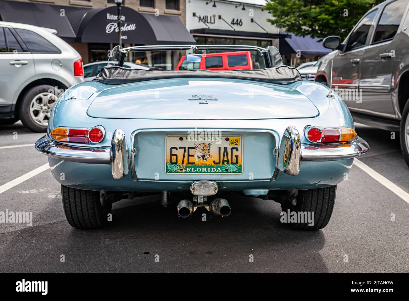 Highlands, NC June 11, 2022 Low perspective rear view of a 1965 Jaguar E Type Series 1 4.2