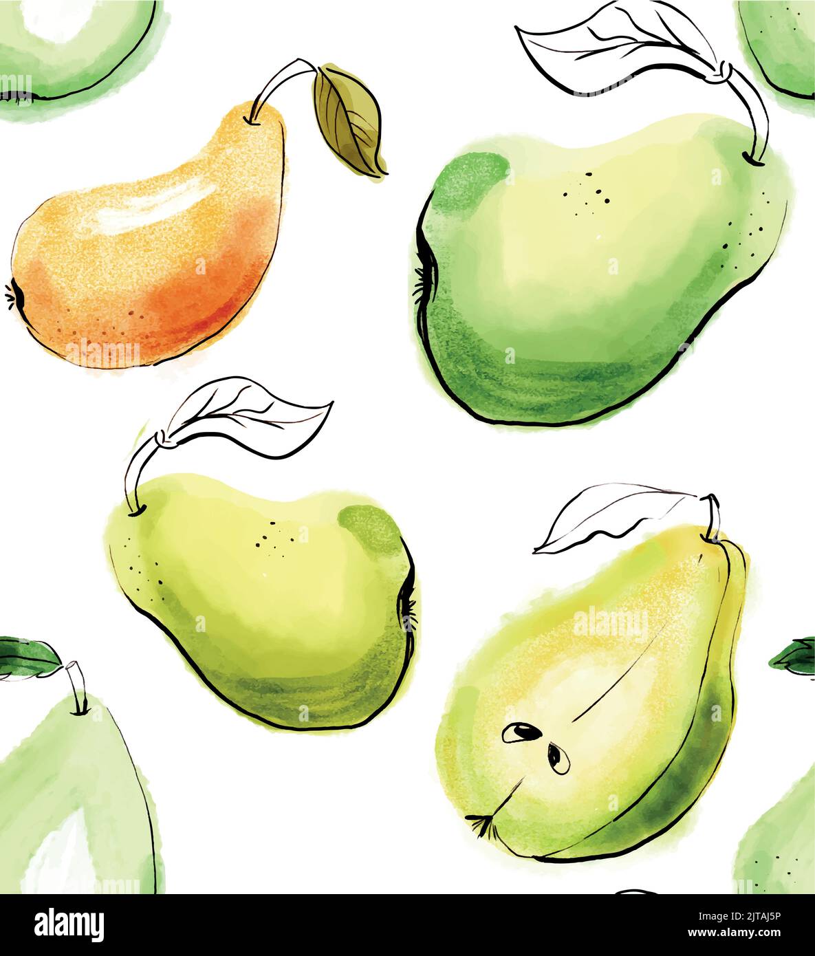 Vector seamless pattern with watercolor red and green pears isolated on ...