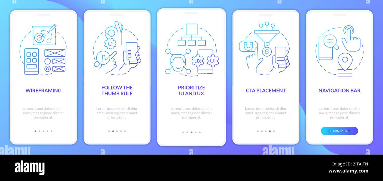 Mobile website development blue gradient onboarding mobile app screen Stock Vector