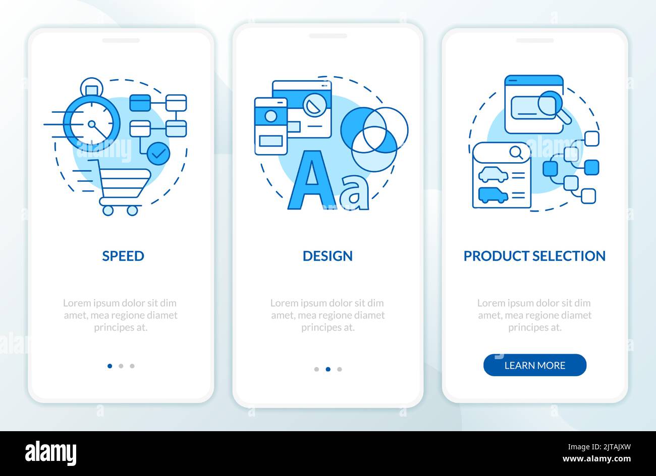 Ecommerce customer requirements blue onboarding mobile app screen Stock ...