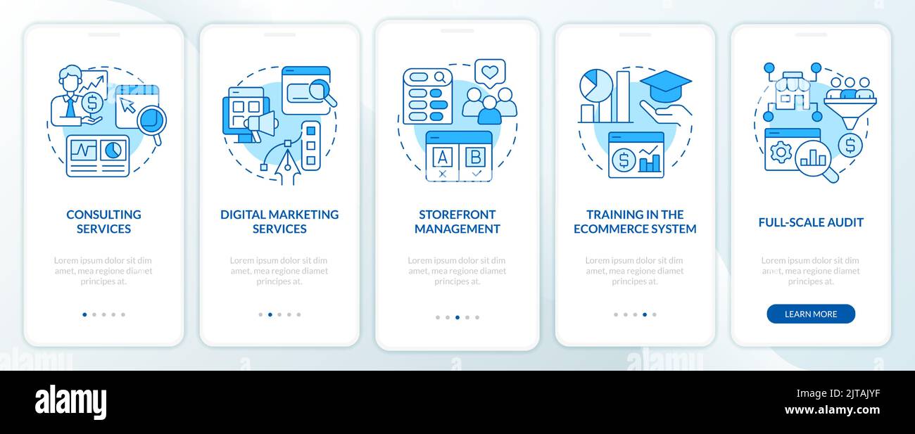 Online shop management services blue onboarding mobile app screen Stock ...