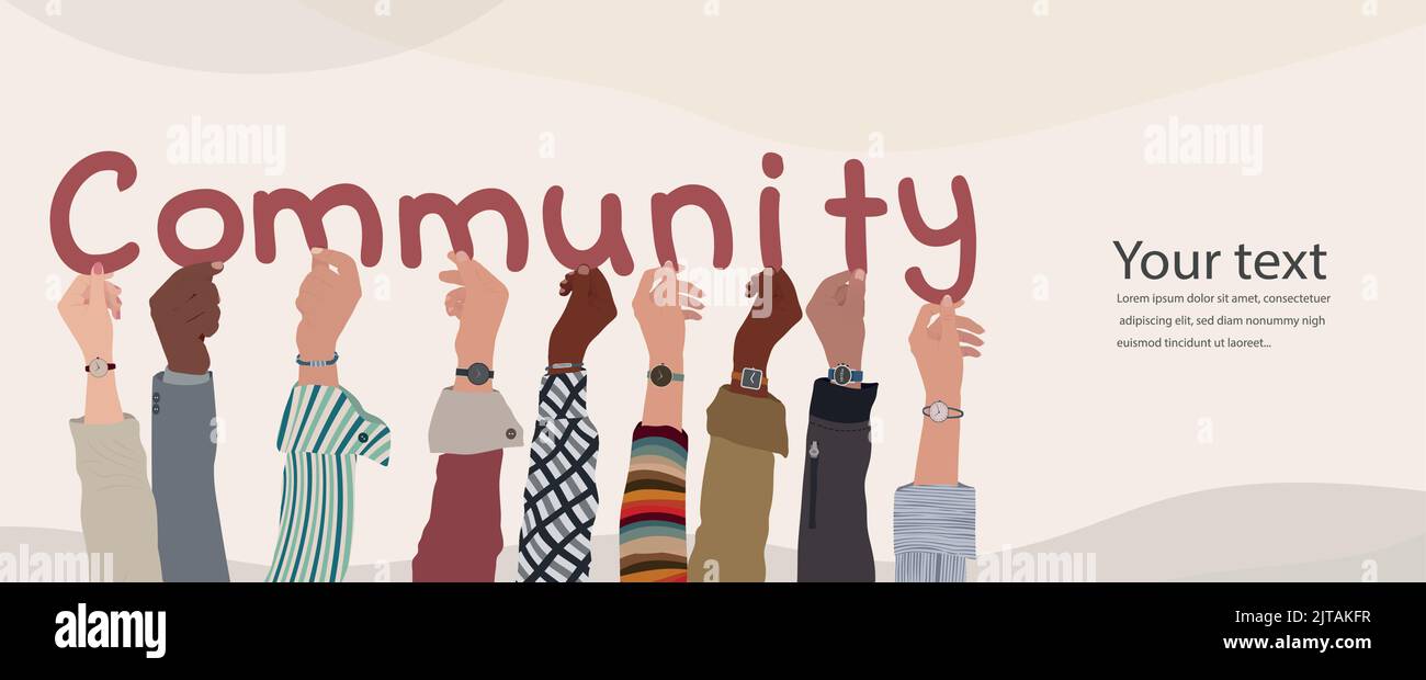 Group of diverse and multicultural people with hands up holding letters forming text -Community- Diversity people. Teamwork community.Cooperation.Team Stock Vector